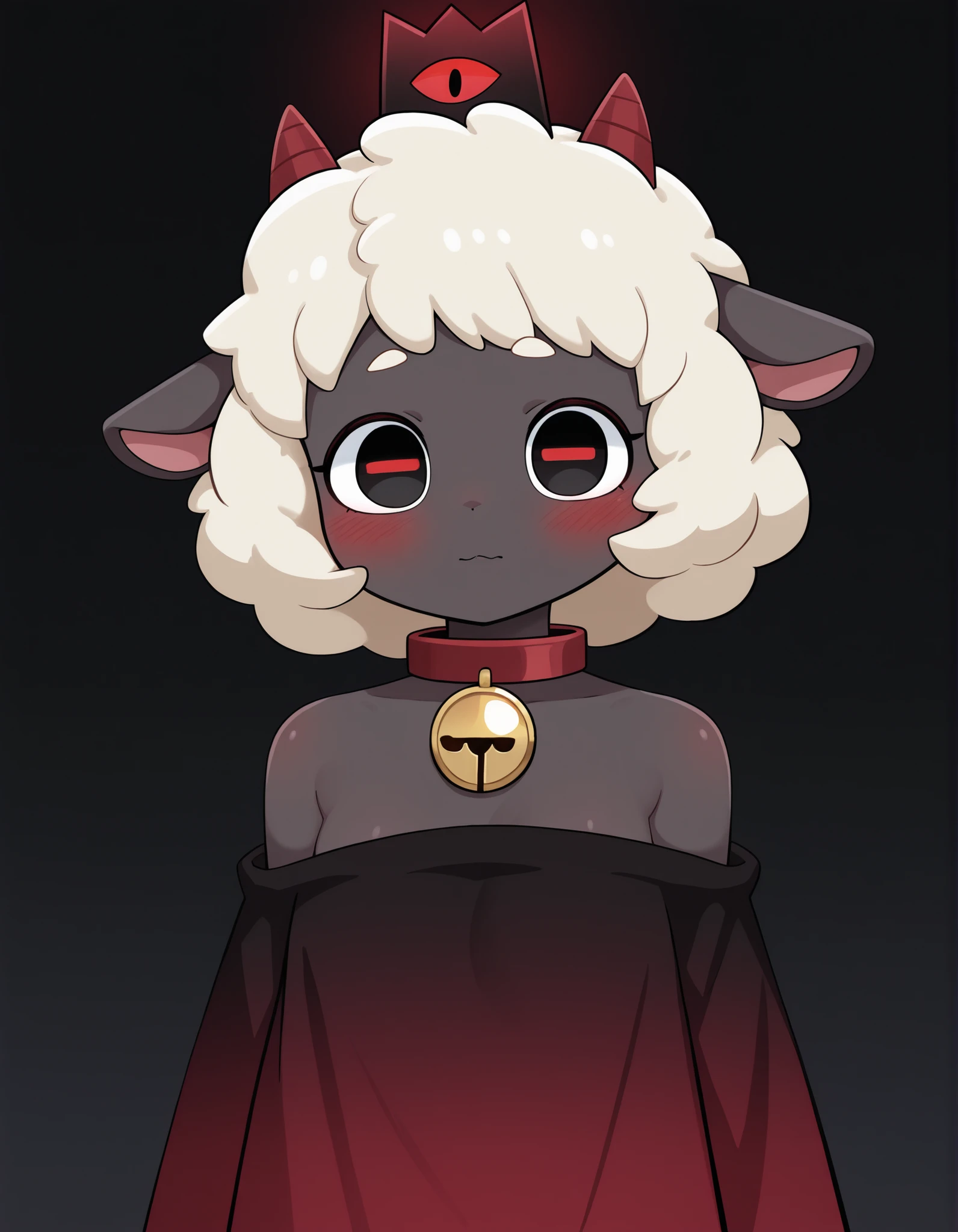 Sum Style, blush,, masterpiece, best quality, very aesthetic, 1girl, solo, cult of the lamb, sheep girl, collar, horizontal pupils, red/black eyes, red crown,