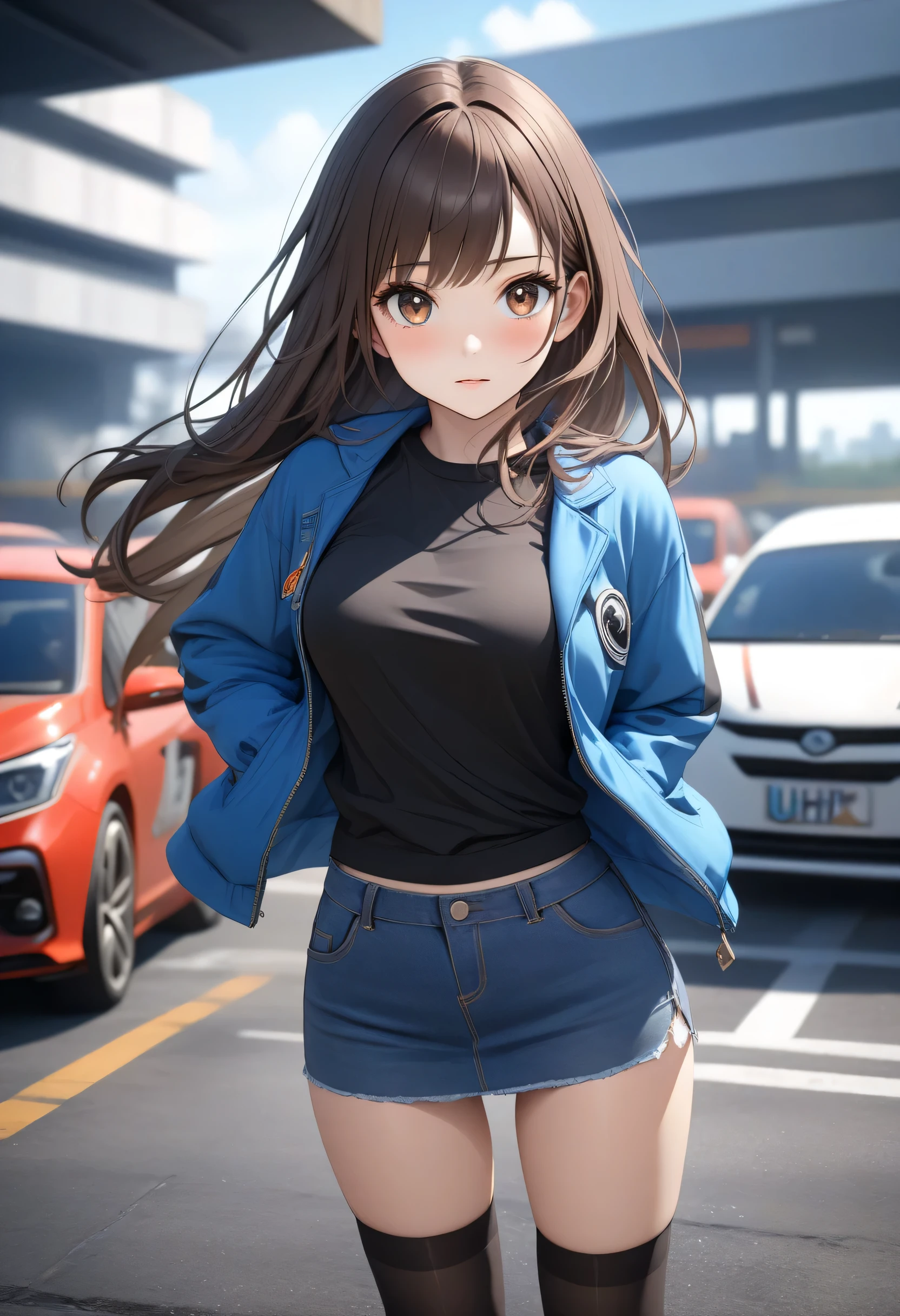 (masterpiece, best quality, high resolution, UHD, perfect pixels, Depth of Field, 4k, RTX, hdr))), 1 girl, single, alone, Beautiful anime girl, full body, beautiful artistic style, anime character, ((somewhat fearful expression childish look, beautiful face), (long hair loose to mid-back rippling in the wind, bangs, dark brown hair)), (brown eyes: 1.4,  not-so-rounded eyes , beautiful eyelashes,), (detailed face, blush: 1.2), (SOFT TEXTURE: 0.75, realistic texture: 0.65, photorealistic: 1.1, anime cg style), medium breasts, Close-up, (in front,hiding behind a pole), perfect body, (blue mesh navel-like jacket, black sports blouse with, denim plank miniskirt the same color as the jacket, black socks above the knees), (( in the background ; a thado parking lot with several Japanese cars cercal)