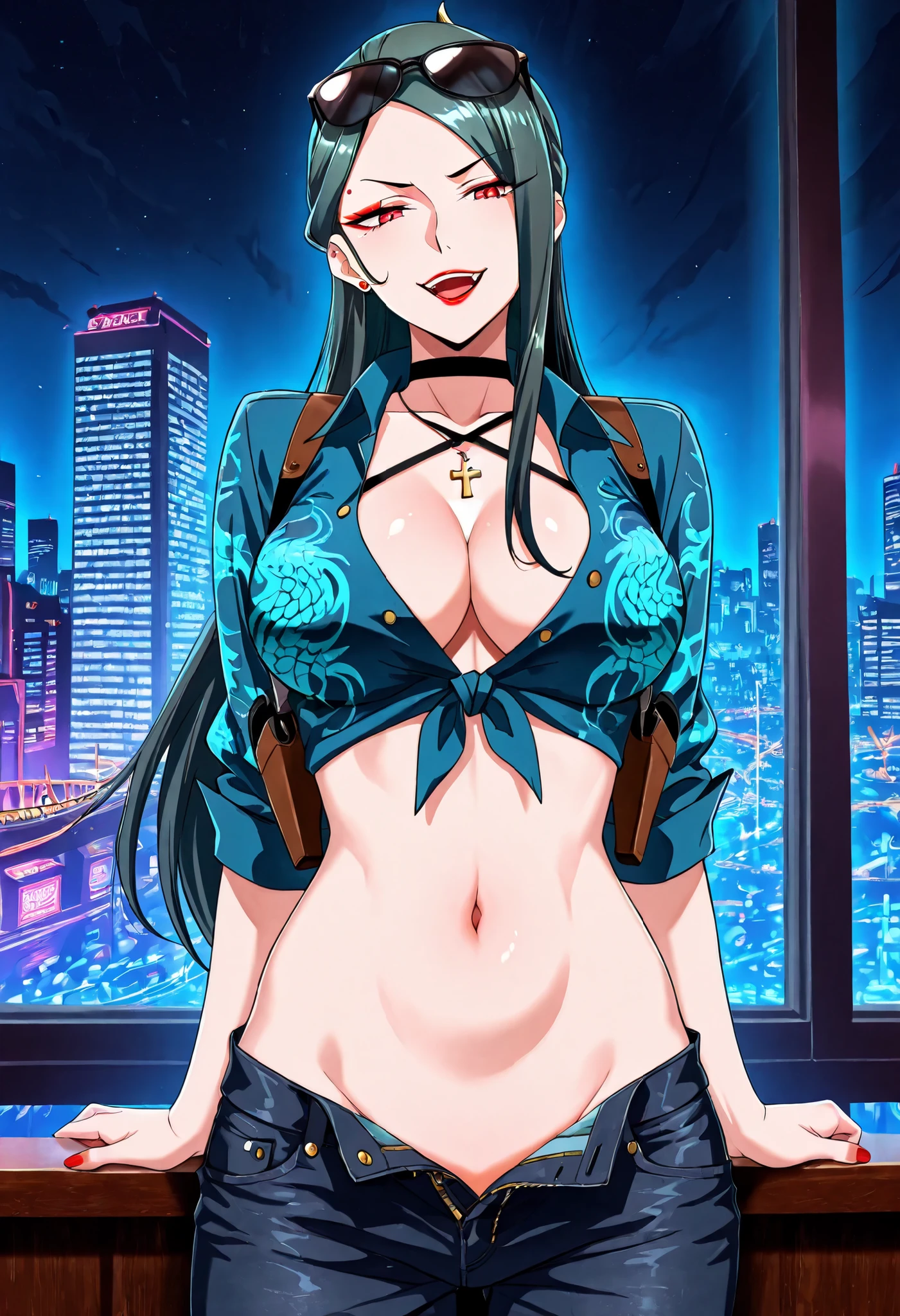 Qingmei, 1 girl, solo, red eyes, long hair, dark green hair, long side-swept bangs, half-up hair, , single long sidelock, single curved sidelock, , red lipstick, red eye makeup,
nail polish, ear piercing, long hair, , lipstick, Hot girl, baddie,, sensual, attractive ,choker , cross necklace, bar background, inside bar, indoors, cityscape, casino, nightclub, city lights,, pull_down jeans(show off panties,:1.2, no panties),masterpiece,high
quality,4k,belly,,holding pistol,cleavage, tied shirt,,unbuttoned shirt, collared shirt, knot,
smile, open mouth, (nsfw) not safe for work, evil expression,belly, exposed navel, exposed
midriff, exposed lower belly,dragon print jacket, unbuttoned jeans , low rise black jeans,
Low rise jeans with open fly, motorcycle jacket, criss-cross halter with center opening,
shoulder holster,, sunglasses on head , medium large breast ,looking at viewer , dragon tattoo on waist, narrowed eyes, tattoo on waist, anipai_style , anime screencap , anime coloring, v-shape eyebrows,