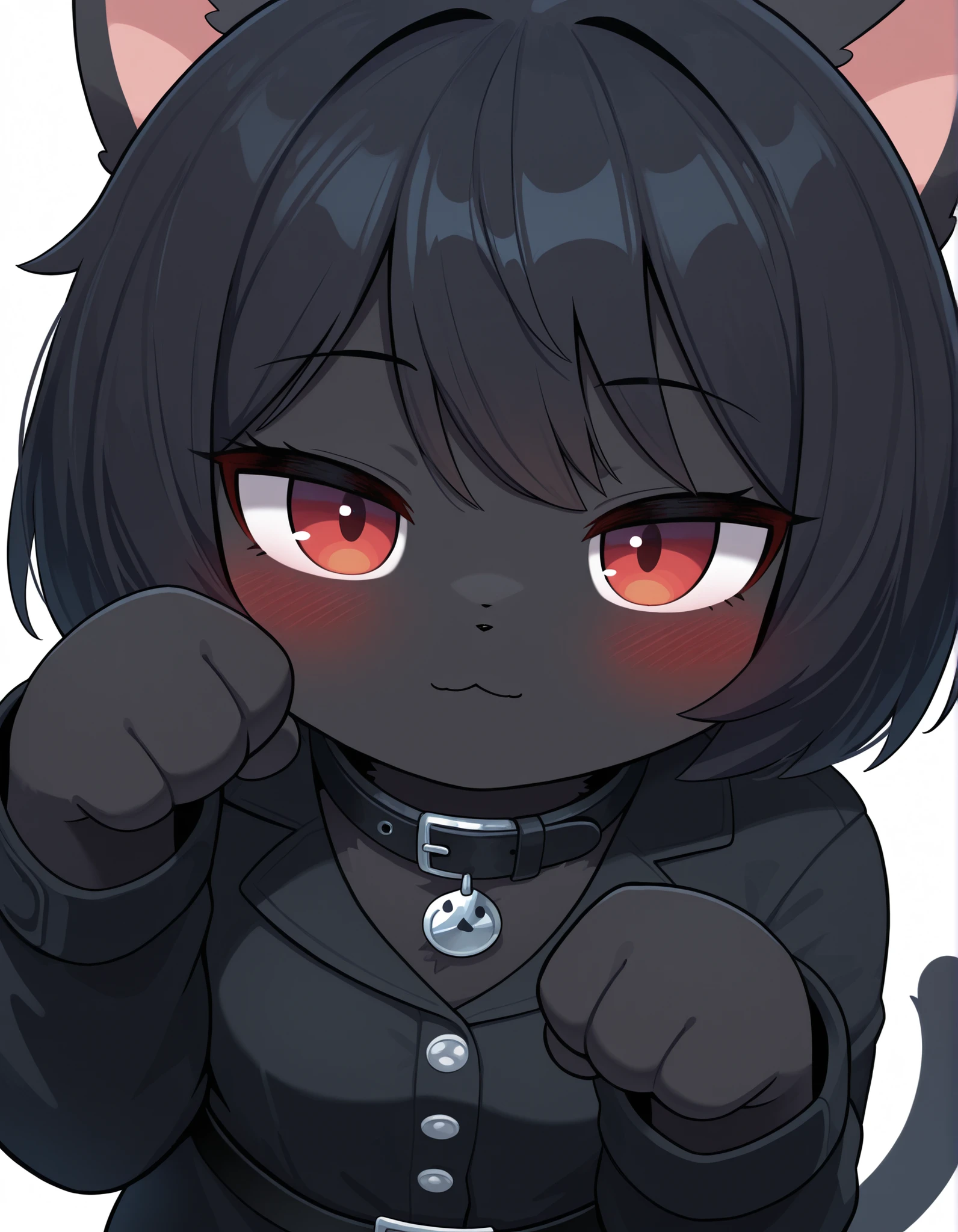 Sum Style, blush,, masterpiece, best quality, very aesthetic, 1girl, solo, white background, looking at viewer, portrait, paw pose, :3, furry female, cat girl, animal ears, black hair, short hair, black skin, red eyes, cat tail, black jacket, buttons, long sleeves, black belt, collar, masterpiece, best quality,