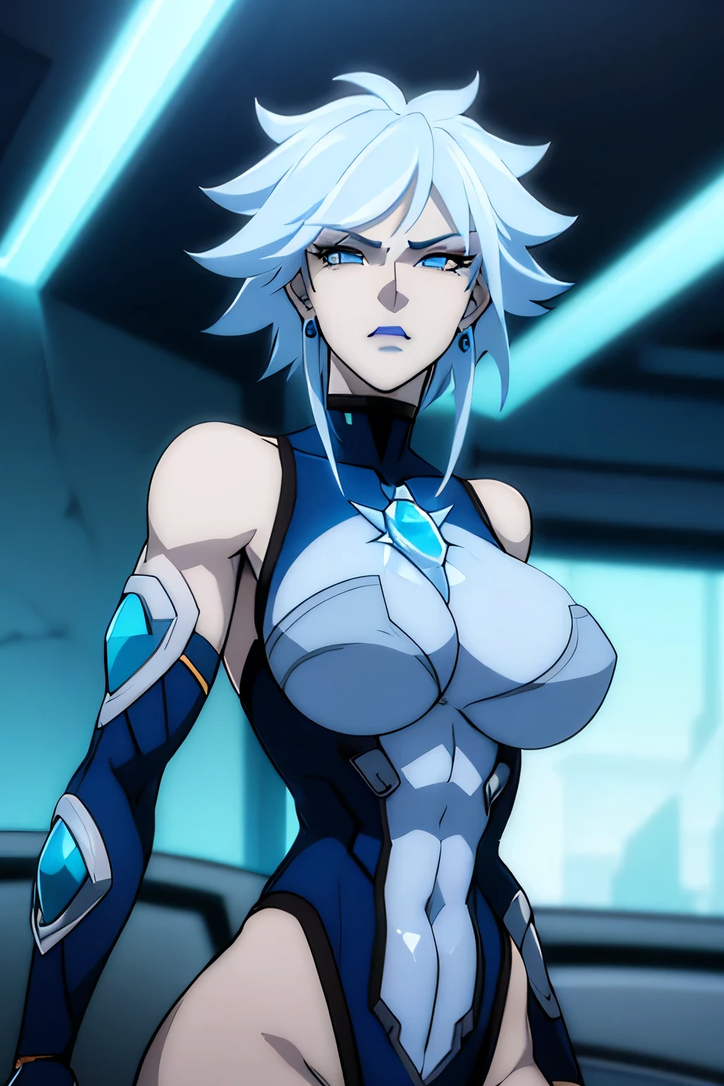 ultra detailed portrait, upper body, fierce and beautiful female assassin, pale blue spiked hair styled like a porcupine, icy blue sharp eyes with piercing cold gaze, light blue lipstick, smooth pale skin with subtle glow, wearing a deep blue tight bodysuit exposing toned arms and thighs, white long gloves and boots, muscular and tall with defined abs and large breasts, gold decorated blue gem necklace on chest, stunningly beautiful face with detailed eyes, photorealistic, cinematic lighting, masterpiece, 8k, high quality, depth of field, atmosphere of deadly cold elegance































































