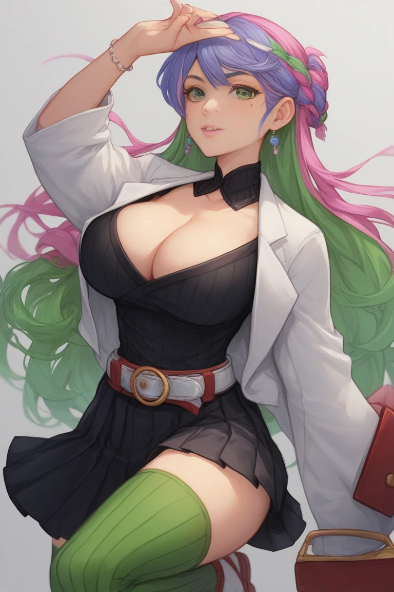 <lora:mitsurikanrojitest:1>
mitsuri kanroji, braid, gradient hair, (green eyes:1.5), green hair, long hair, mole, mole under eye, multicolored hair, pink hair, twin braids, two-tone hair,
belt, black skirt, cleavage, coat, demon slayer uniform, haori, japanese clothes, long sleeves, miniskirt, partially unbuttoned, pleated skirt, skirt, uniform,
(best quality, masterpiece, RAW photo,ultra-detailed:1.2), <lyco:GoodHands-beta2:1.0>,1girl,solo,looking at viewer,smile