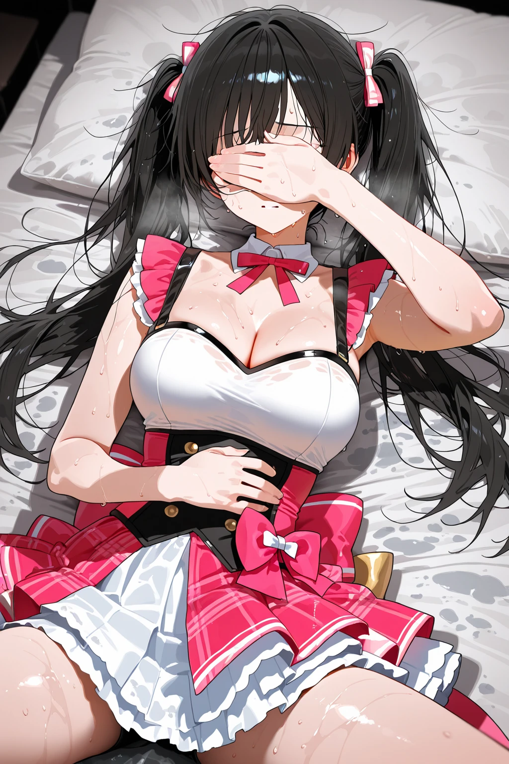 (Tabletop:1.0), (highest quality:1.4), (High resolution:1.2),(Latex lace mouth mask:1.3), Open your mouth,  ,Sharp contours, boyish, highest quality, masterpiece,Glasses,Voice of the Heart,20-year-old woman,yandere,Big Breasts,Chest to chest,Lying face down,Ecstasy,saliva,blush,Squint your eyes,Heterochromia iridis,Tuck up your clothes,lure,under shot,skirt lift,zettai ryouiki,open clothes