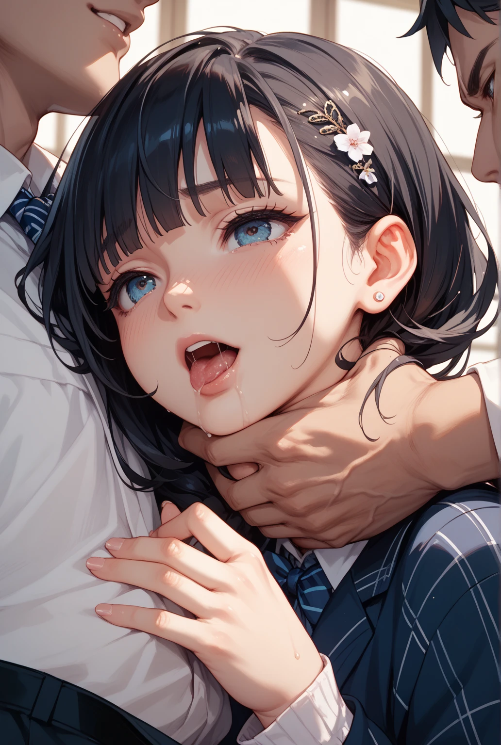 highest quality、4K quality、Man Attacking、Red-haired woman from a traditional Chinese imperial harem riding a man、Man touches woman's chest（1.8）、Healthy body shape、Small face、16 years old、Open your mouth（1.7）、Tears（1.7）、Wet crotch（1.7）、Moist eyes