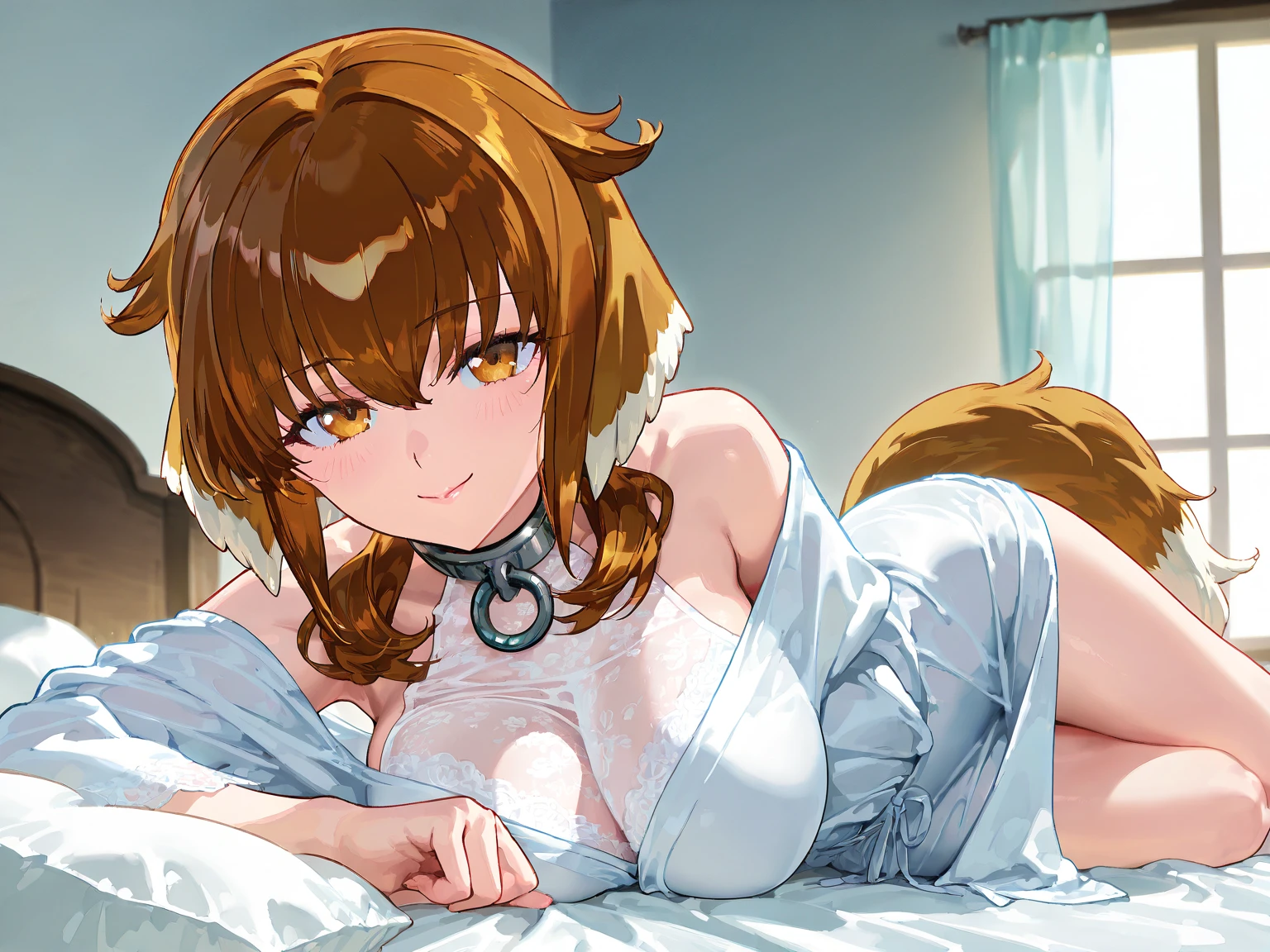 masterpiece, best quality, high quality, highres, absurdres, BETA, 1girl, nipples, solo, nude, smile, navel, looking at viewer, sitting, wolf ears, completely nude, animal ear fluff, collarbone, closed mouth, indoors, arm behind back, on bed, bed, knees together feet apart, blush, shiny skin, feet out of frame, cleavage, <lora:BETA:0.8>