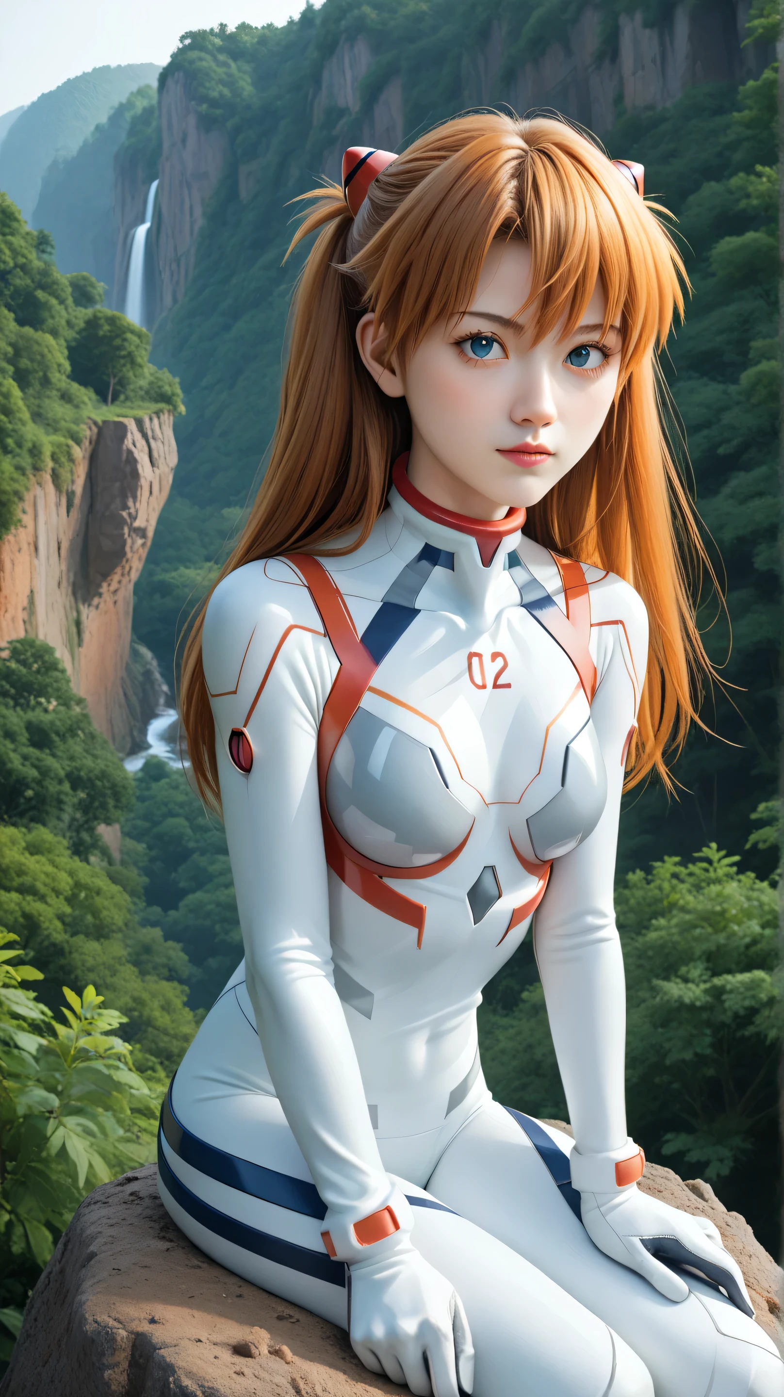 1girl, solo,asuka langley,blue eyes,orange hair,outdoors,potrait,forest,medium breast, navel,(cliff background:1.4),uder waterfall,(Bangs:1.3),(white bodysuit:1.5),parted bangs,close up,sitting on Boulder,long hair