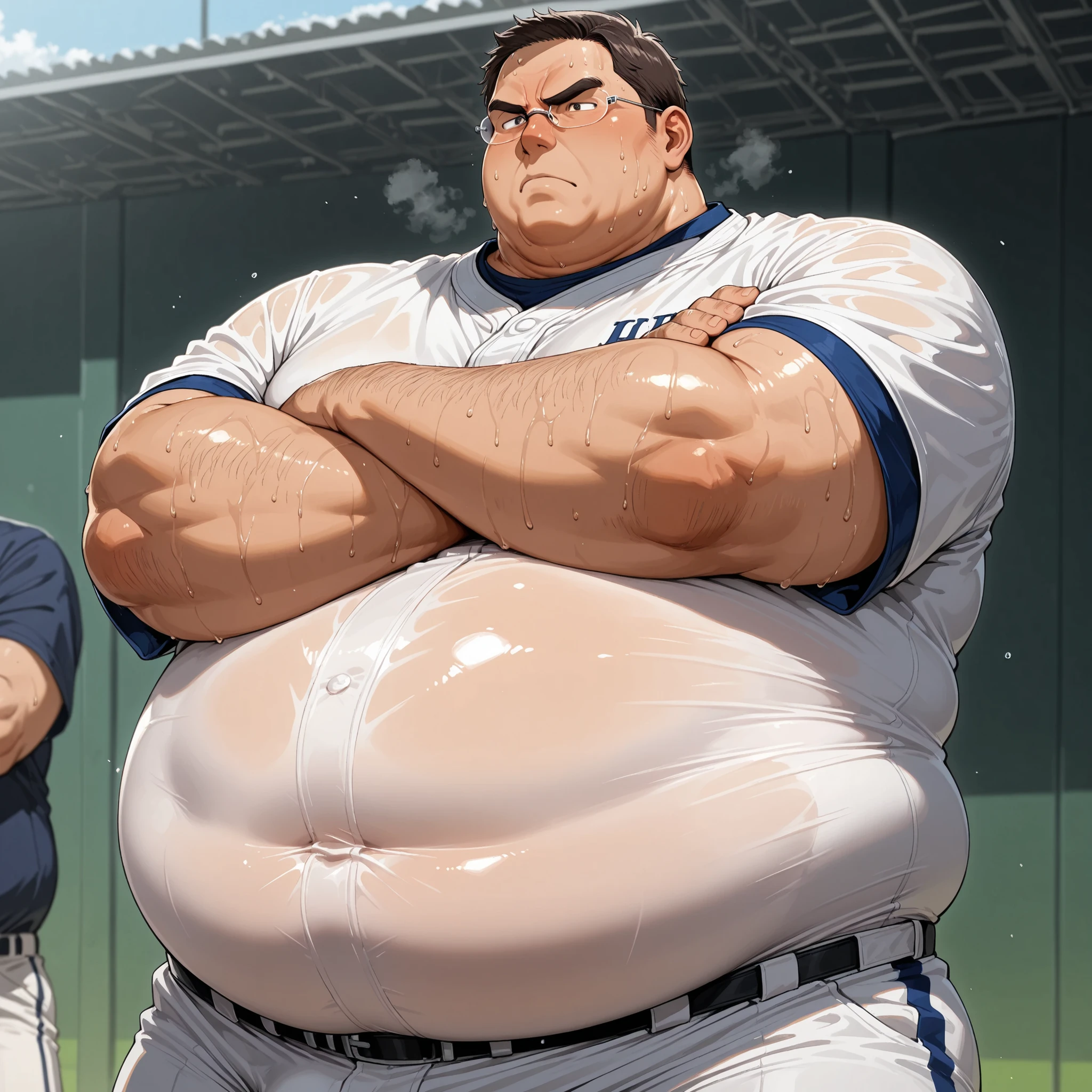 obese fat man,male focus,covered (big stomach:1.3),rimless glasses, baseball coach ,Japanese,serious,age fifties,sweat ,crossed arms