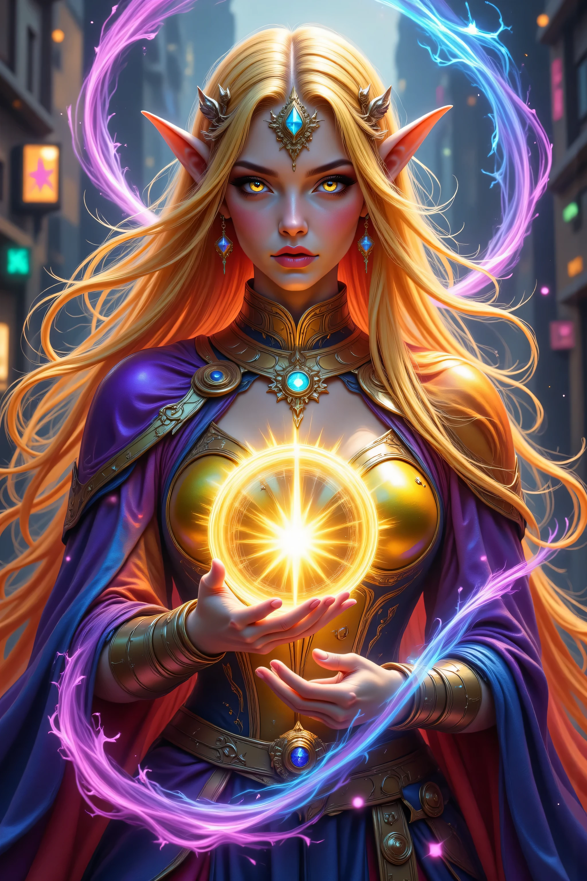 aidmamj6.1,FntsyPstlCE style,Colorful,a portrait of a female elf (intense details, Masterpiece, best quality) fantasy cleric, fantasy celestial guardian, armed with a holy symbol, shinning holy symbol, metallic shine, an ultra wide shot, full body (intense details, Masterpiece, best quality)epic beautiful woman, dual  colored hair blond hair and red hairm , rich hair, glowing eyes, action shot, colorful magical sigils in the air, colorful divine markings floating, holding a holy symbol (intricate details, Masterpiece, best quality), fantasy urban street (intense details, Masterpiece, best quality), multi colored cloak cloak, long cloak, orange armor, sense of daring, sense of adventure, high details, best quality, 16k, [ultra detailed], masterpiece, best quality, (extremely detailed), dynamic angle, ultra wide shot, photorealistic, RAW, fantasy art, dnd art,fantasy art, realistic art