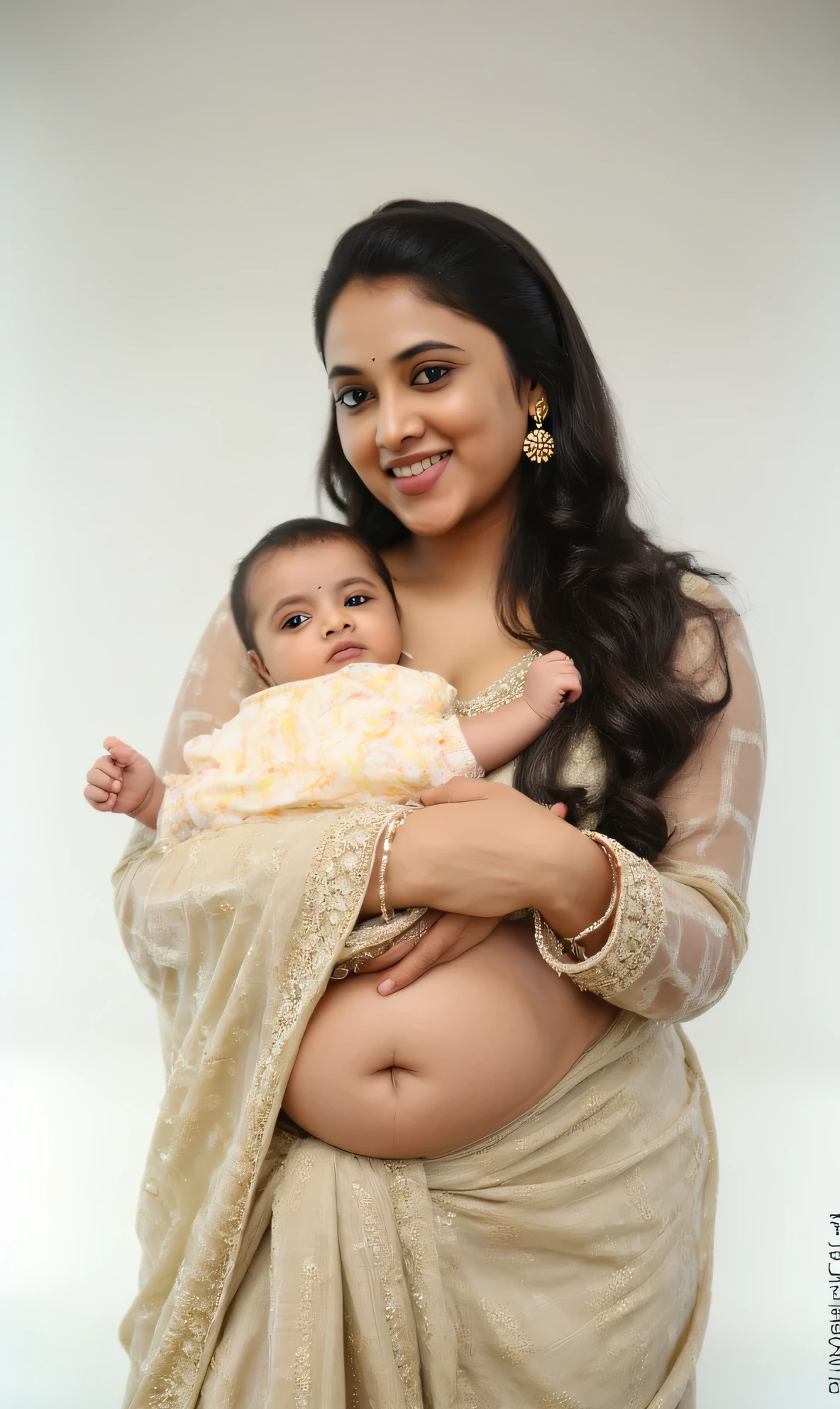 Full body photo portrait of beautiful indian , having big boobs ,1girl, with his cute little new born boy baby with Solo, High Resolution, Masterpiece, Accurate, Anatomically Correct, Award Winning, Best Quality, Damaged, Detail, HD, High Details, High Quality, Quality, Retina, Super Detailed, UHD, Textured Skin, One Side Up, soft hairLarge breasts, Smile, standing position full body view , in deep nude bending naked nude showing boobs