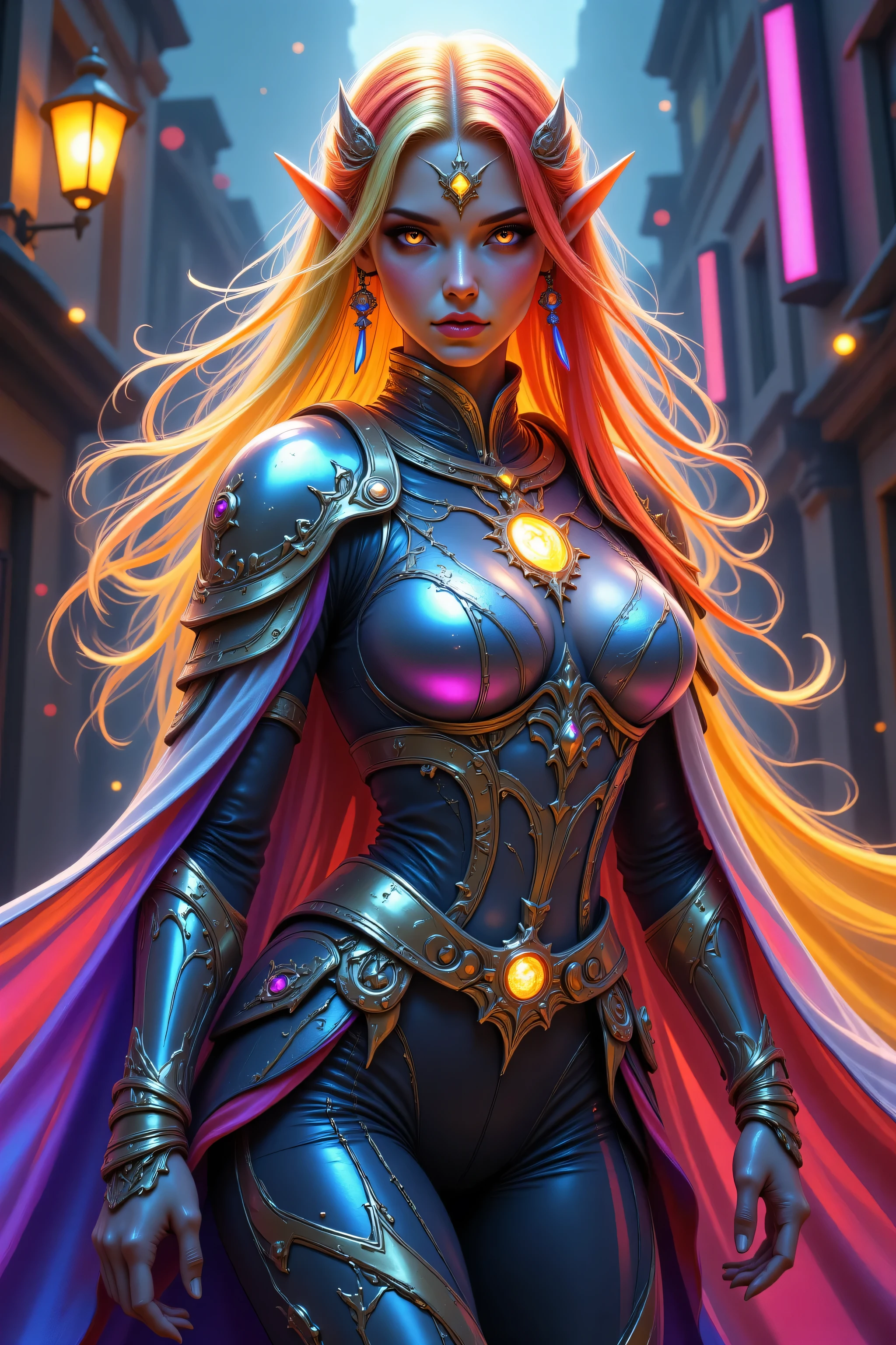 zavy-dtlnm,FntsyPstlCE style,Colorful,a portrait of a female elf (intense details, Masterpiece, best quality) fantasy cleric, fantasy celestial guardian, armed with a holy symbol, shinning holy symbol, metallic shine, an ultra wide shot, full body (intense details, Masterpiece, best quality)epic beautiful woman, dual  colored hair blond hair and red hairm , rich hair, glowing eyes, action shot, colorful magical sigils in the air, colorful divine markings floating, holding a holy symbol (intricate details, Masterpiece, best quality), fantasy urban street (intense details, Masterpiece, best quality), multi colored cloak cloak, long cloak, orange armor, sense of daring, sense of adventure, high details, best quality, 16k, [ultra detailed], masterpiece, best quality, (extremely detailed), dynamic angle, ultra wide shot, photorealistic, RAW, fantasy art, dnd art,fantasy art, realistic art