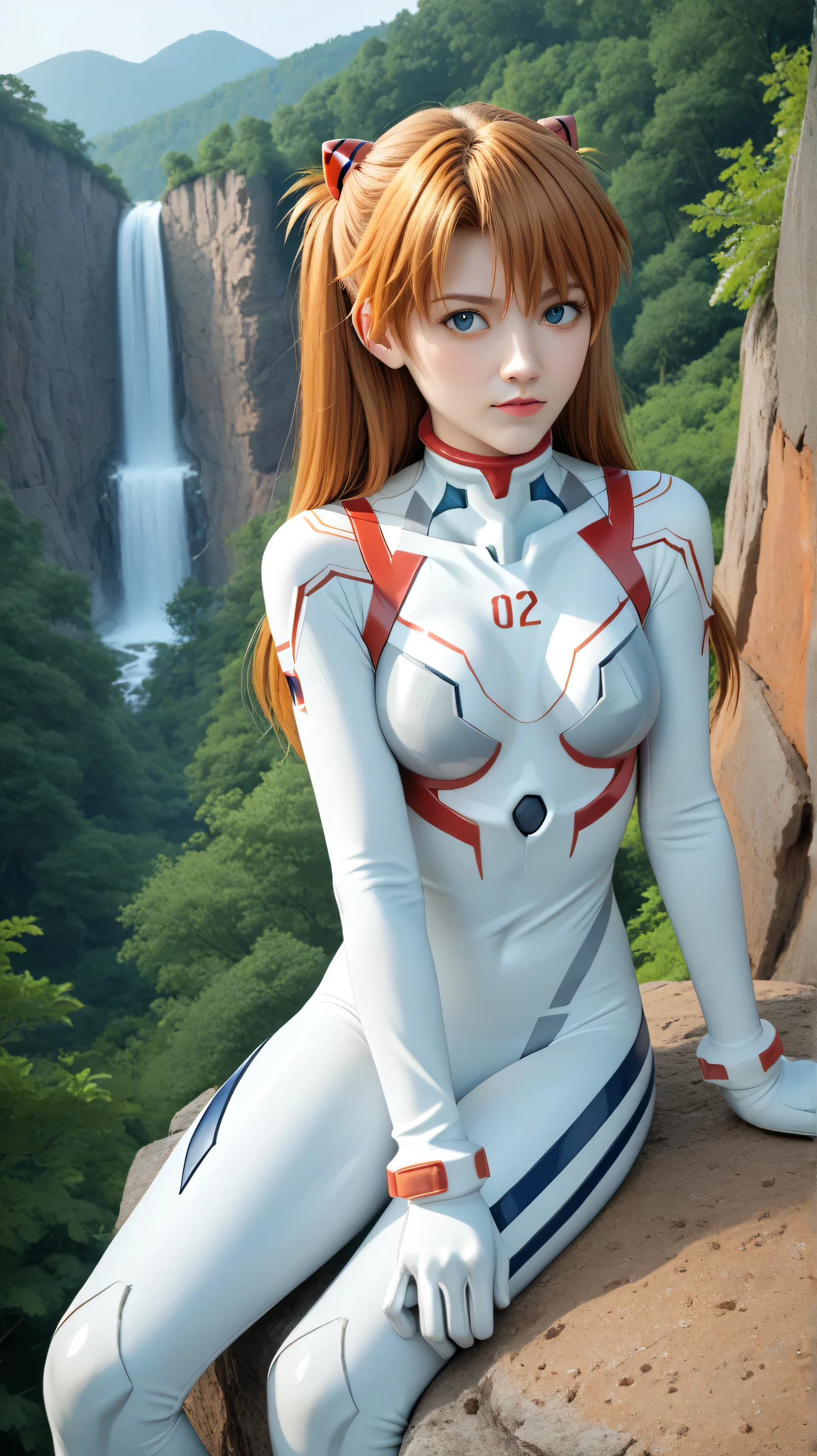 1girl, solo,asuka langley,blue eyes,orange hair,outdoors,potrait,forest,medium breast, navel,(cliff background:1.4),uder waterfall,(Bangs:1.3),(white bodysuit:1.5),parted bangs,close up,sitting on Boulder,long hair