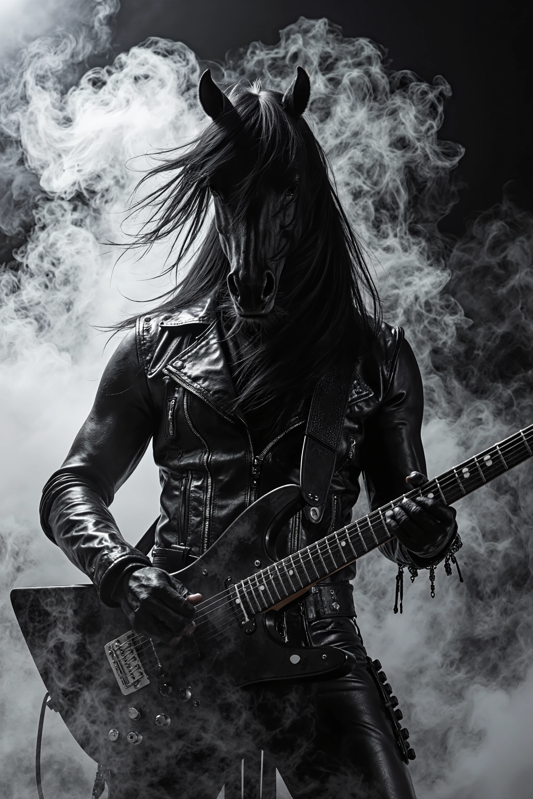 anthropomorphic black horse playing guitar、long black horse mane、horse wearing heavy metal leather fashion、dramatic lighting,artistphoto shoot,smoke effect,16k,high detail,nikon D850