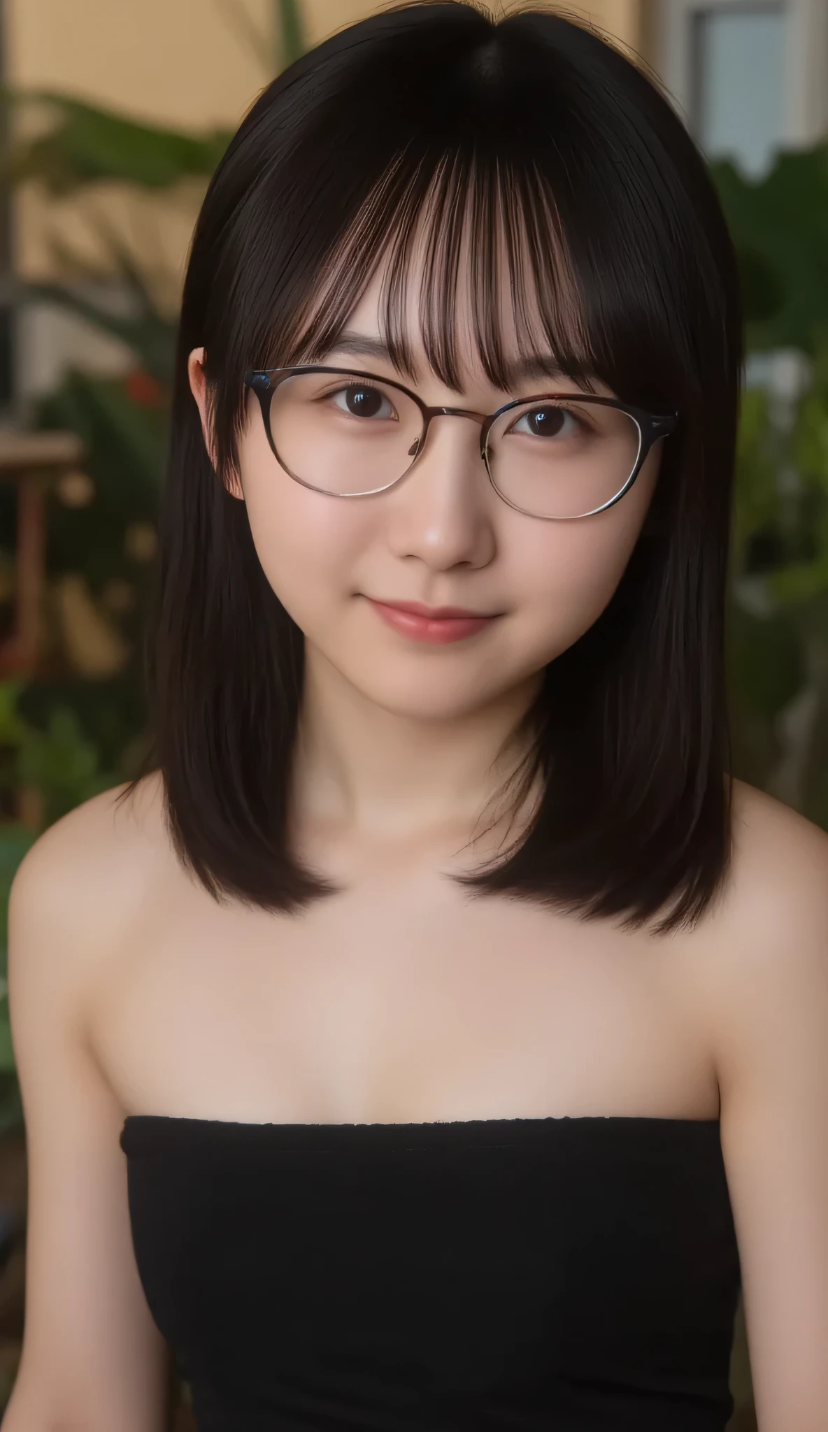 1girl, Solo, High Resolution, Masterpiece, Anatomically Correct, Accurate, real proportions, detailed skin, detailed face, Best Quality, real life style, black hair, bob hair, glasses, black clothing, portrait, tween