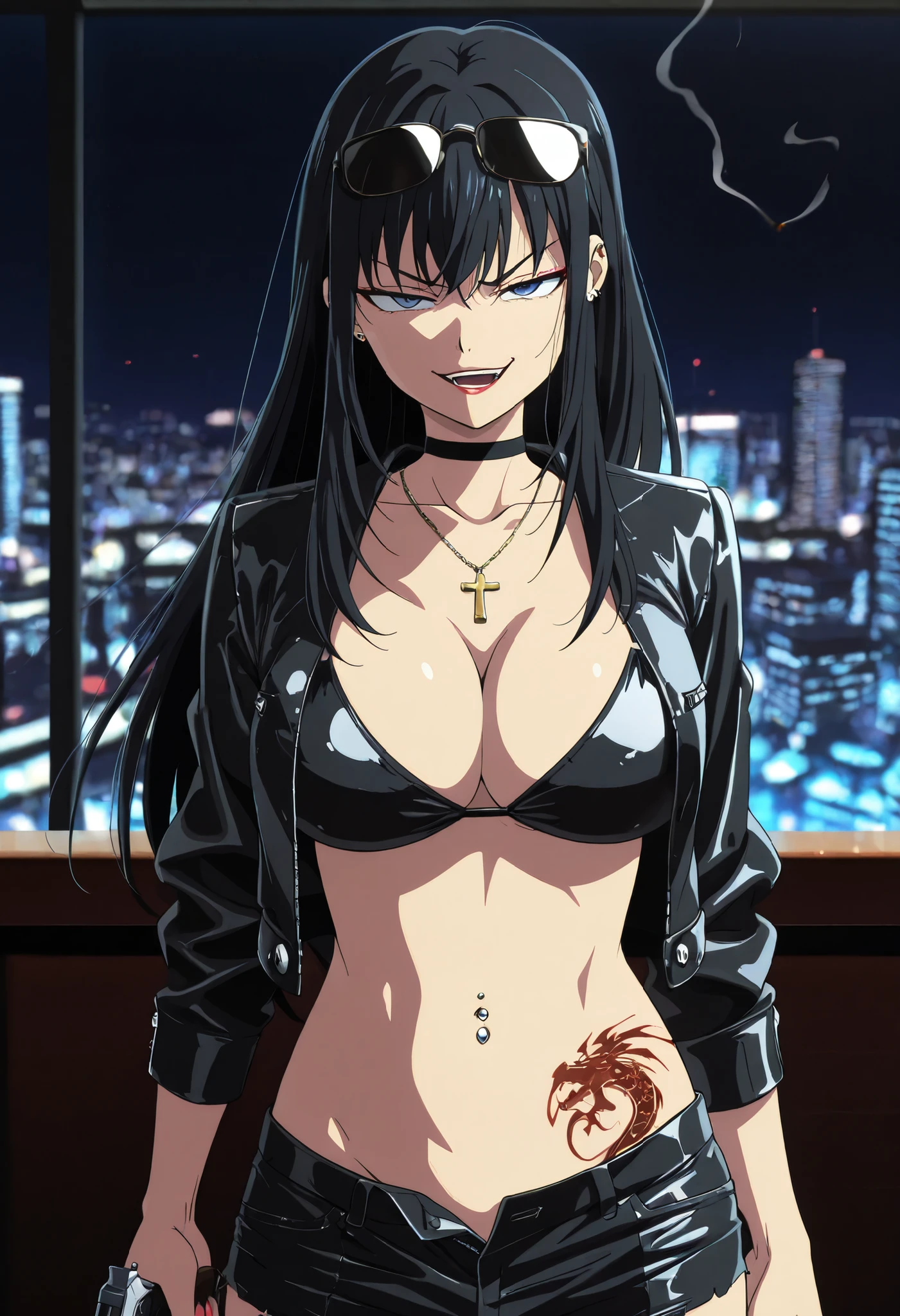 masterpiece, best quality, amazing quality, depth of field,  long hair, black hair, dark blue eyes,  red lipstick, , solo,nail polish , , makeup , ear piercing , long hair , lipstick , Hot girl , baddie , smoking , sensual , attractive , choker , cross necklace ,bar background, inside bar, indoors, cityscape, casino, nightclub, city lights,,masterpiece , best quality , highly detailed , a girls with a gun , evil smile , open mouth ,  gaze , badass pose , evil smile , smile , ()  , guns blazing , anime girl with long hair , beautiful long haired girl , navel , evil expression , exposed belly , exposed navel , exposed midriff , exposed lower belly , , cleavage , unbuttoned shorts , open fly , shorts , short shorts ,, leather jacket , holding a gun , holding pistol , unbuttoned shirt , collared shirt , knot , pull_down shorts , black short shorts , (show off panties , :1 . 2 , no panties) , zip up leather jacket ,  top ,,, navel piercing, sunglasses on head,,, shoulder holster, medium , waist dragon tattoo, narrowed eyes, tattoo waist, , anime screencap , anime coloring, looking at viewer , v-shaped eyebrows,