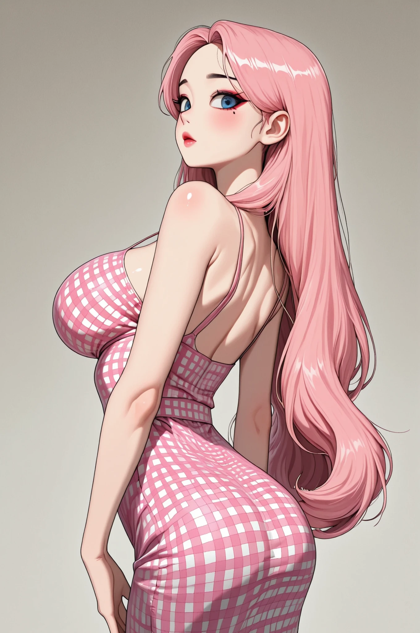 ral-sprnva,1qpnh1,krgrl,korean girl,cute korean girl,korean makeup,korean eyes,japanese woman, pink gingham dress, slim waist, pink hair, blue eyes, big breasts, waist long hair, down her back to her waist, arched back,