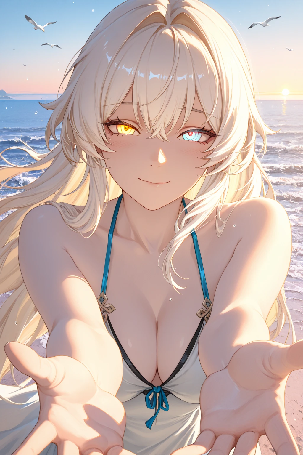 hanekawatsubasa, <lora:tsubasahanekawatest:1>, hanekawa tsubasa, long hair, animal ears, cleavage, (yellow eyes:1.5), white hair, fang, cat ears, cat girl, slit pupils,
BREAK bikini,
BREAK outdoors, beach,
BREAK looking at viewer, BREAK <lora:GoodHands-vanilla:1>, (masterpiece:1.2), best quality, high resolution, unity 8k wallpaper, (illustration:0.8), (beautiful detailed eyes:1.6), extremely detailed face, perfect lighting, extremely detailed CG, (perfect hands, perfect anatomy),