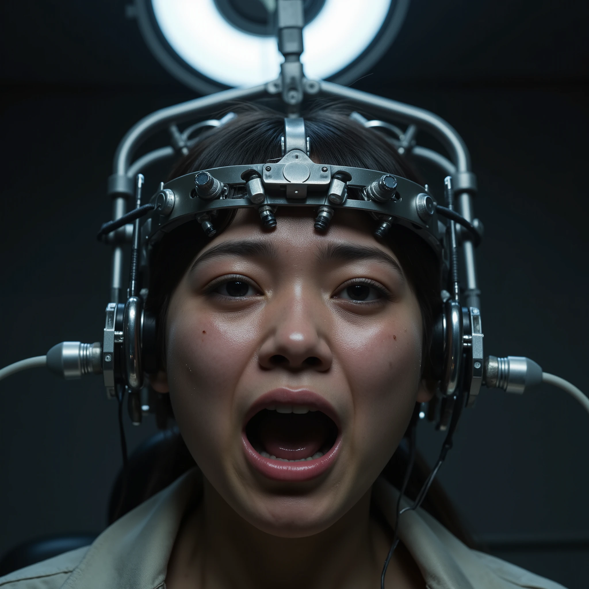 Masterpiece mindcontrol photo, photorealistic close up portrait of a young crying japanese girl (((((((looking into camera in maximum mortal fear and panic, extremely horrified distorted face, wide open mouth crying, wide open desperate eyes, corners of mouth down, wrinkled brow, frown, tears running over face))))))), (((((metal EEG-device and robotic electroshock headgear with integrated big electrodes, big plugs and thick electric cables in a brutal futuristic style))))), sitting in dentist's chair, dark laboratory background, ((((frontal lighted by bright white spotlight from an surgical lamp)))). (((hyper detailed))), UHD, 32K