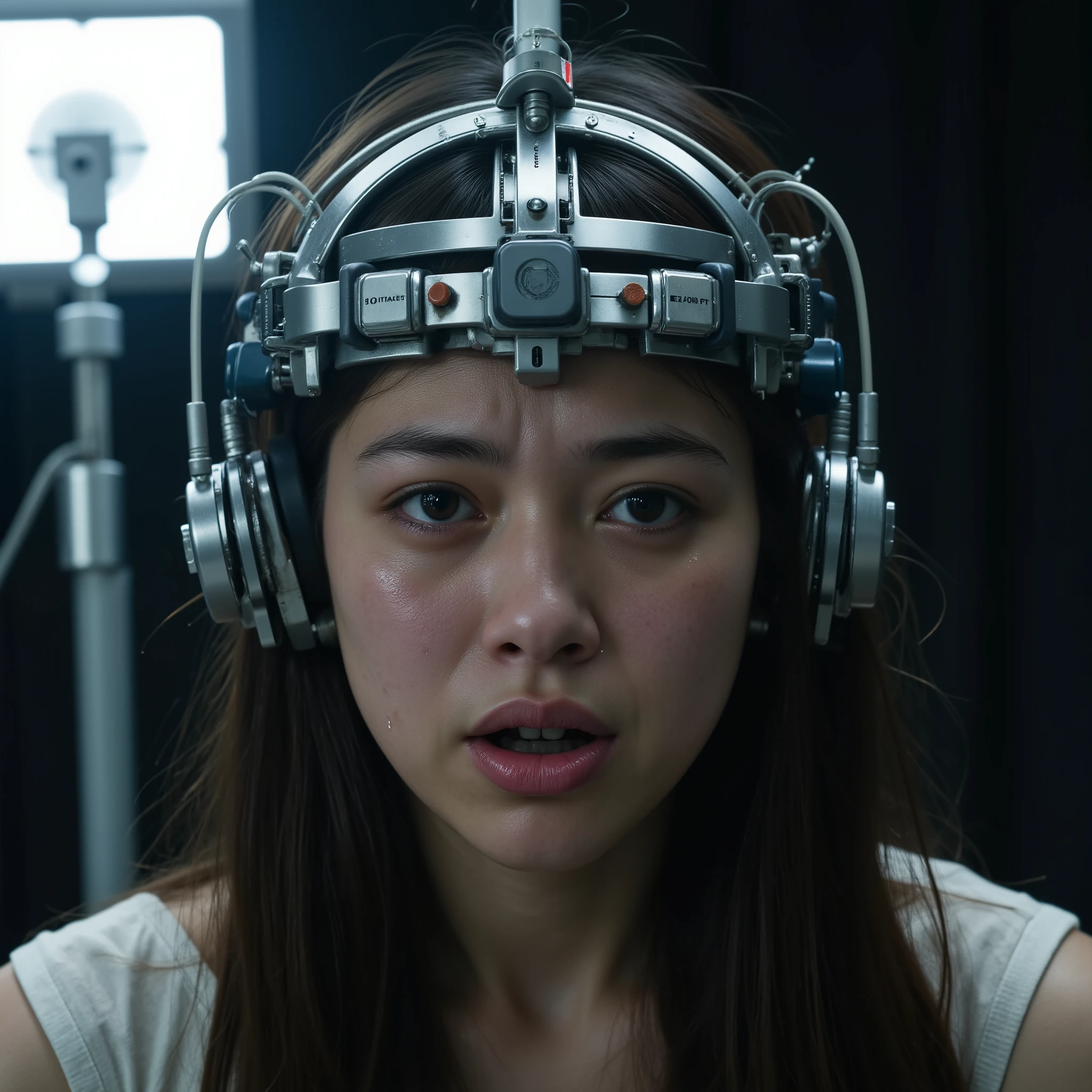 Masterpiece alien abduction and braincontrol photo, photorealistic close up portrait of a young extremely anxious tearfull japanese girl (((((((looking into camera with sad expression maximum mortal fear and panic, extremely horrified distorted face, wide open mouth twisted of sad, wide open desperate eyes, corners of mouth down, wrinkled brow, frown, tears running over face, bloodshot from crying))))))), (((((far advanced technology metal EEG-device and robotic electroshock headgear with integrated big electrodes, big plugs and thick electric cables in a brutal futuristic style))))), sitting in dentist's chair, ((((frontal lighted by bright white spotlight from an surgical lamp)))), dark laboratory background, (((hyper detailed))), UHD, 32K