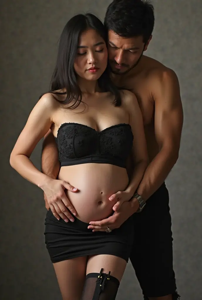 The man in his 45s with black very short hair and smooth face with moustache. The woman in her 45s with brown wavy long hair and the woman is pregnant. The man and the woman are ?????. The man is sitting on the chair. The woman is sitting on the man's lap. Chair ???. They are looking at each other with pasion. Side view. Night. Dim and dark environment. UHD. HDR. Cinematic.