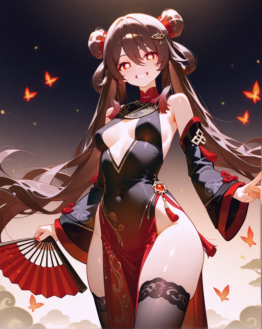masterpiece, best quality, masterpiece,best quality,official art,extremely detailed CG unity 8k wallpaper, game_cg,sakimichan, 1girl, hu tao \(genshin impact\), ghost, boo tao \(genshin impact\), breasts, hat, red eyes, thighhighs, butterfly, underwear, looking at viewer, long hair, brown hair, bug, solo, ass, thighs, panties, detached sleeves, hat flower, flower, twintails <lora:sdxl-000019:0.7>
