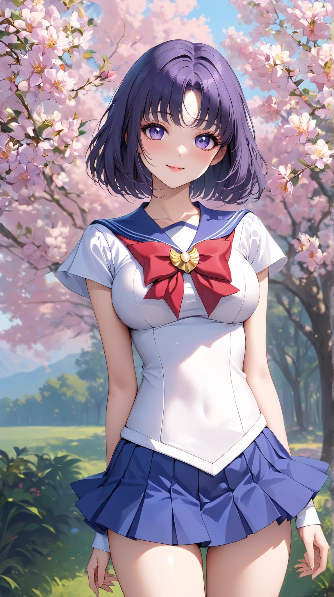 (masterpiece,best quality,ultra detailed,high resolution),skinny,20-years-old,very cute face,thick eyeliner,realistic,standard height,looking viewer,seductive smile,standing,large breast,cowboy shot,at outdoor,sailor senshi uniform,bob cut,purple-hair,micro-mini-skirt,crotch,