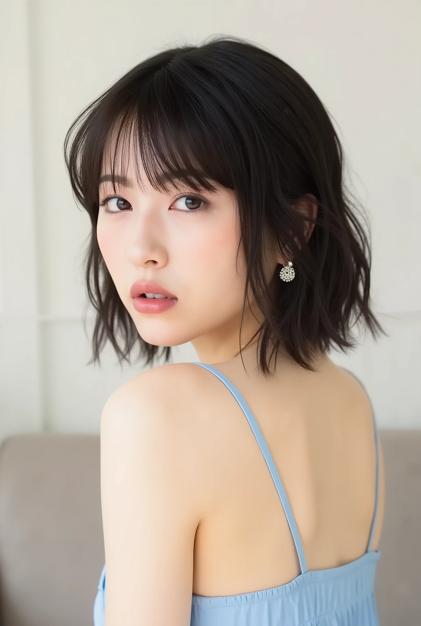 Dark-colored, place wavy hair on a bright background. her hair gently flows down her shoulders, Subtle in a subtle style, natural waves that add volume and movement. She is soft, light blue with thin white straps, suggest a casual and comfortable style suitable for the warm season There's a gentle contrast between her outfit and the neutral wall behind her. Her skin is smooth、Natural, healthy skin. She is small, natural waves that subtly capture light. is casually hanging on the sofa, enhance a relaxed atmosphere with soft lighting. simple, calm and elegant earrings, Show your back with a full body shot