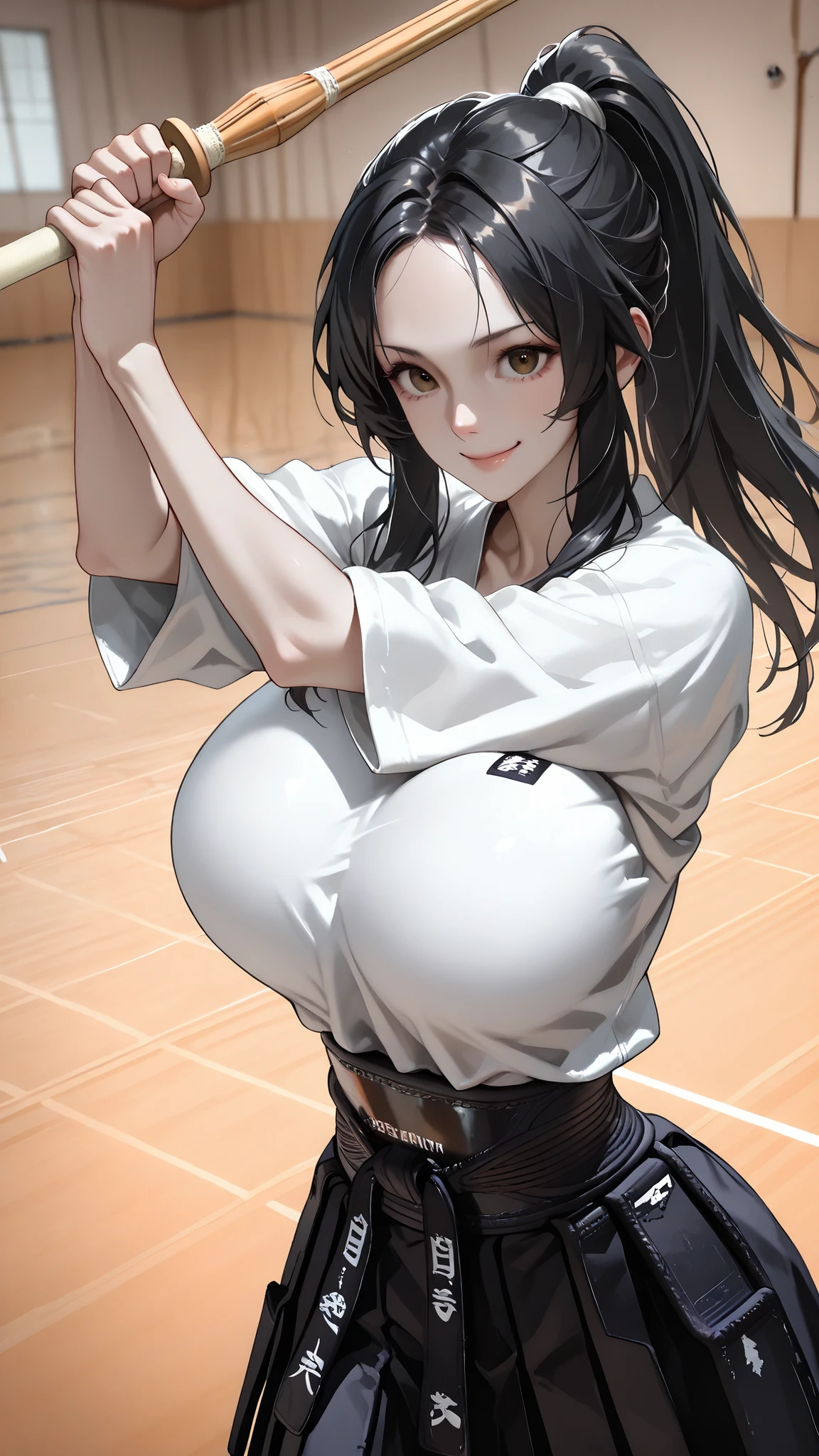 masterpiece, best quality, vibrant, very aesthetic, high contrast, (anime_style), newest, koreanai, best_quality, finely_detailed_eyes_and_detailed_face, (1 girl), long_hair, ponytail, no bangs,  forehead exposed, brown_eyes, (huge_breasts),(skinny),(tall), BREAK, no_makeup, kendo uniform,white_top, black_skirt, BREAK, holding_shinai, dynamic_pose, smile, BREAK, kendo_gym, gym, BREAK, fabric_texture, skin texture, dynamic_angle,(cowboy_shot), side_view,(black_hair:1.2)