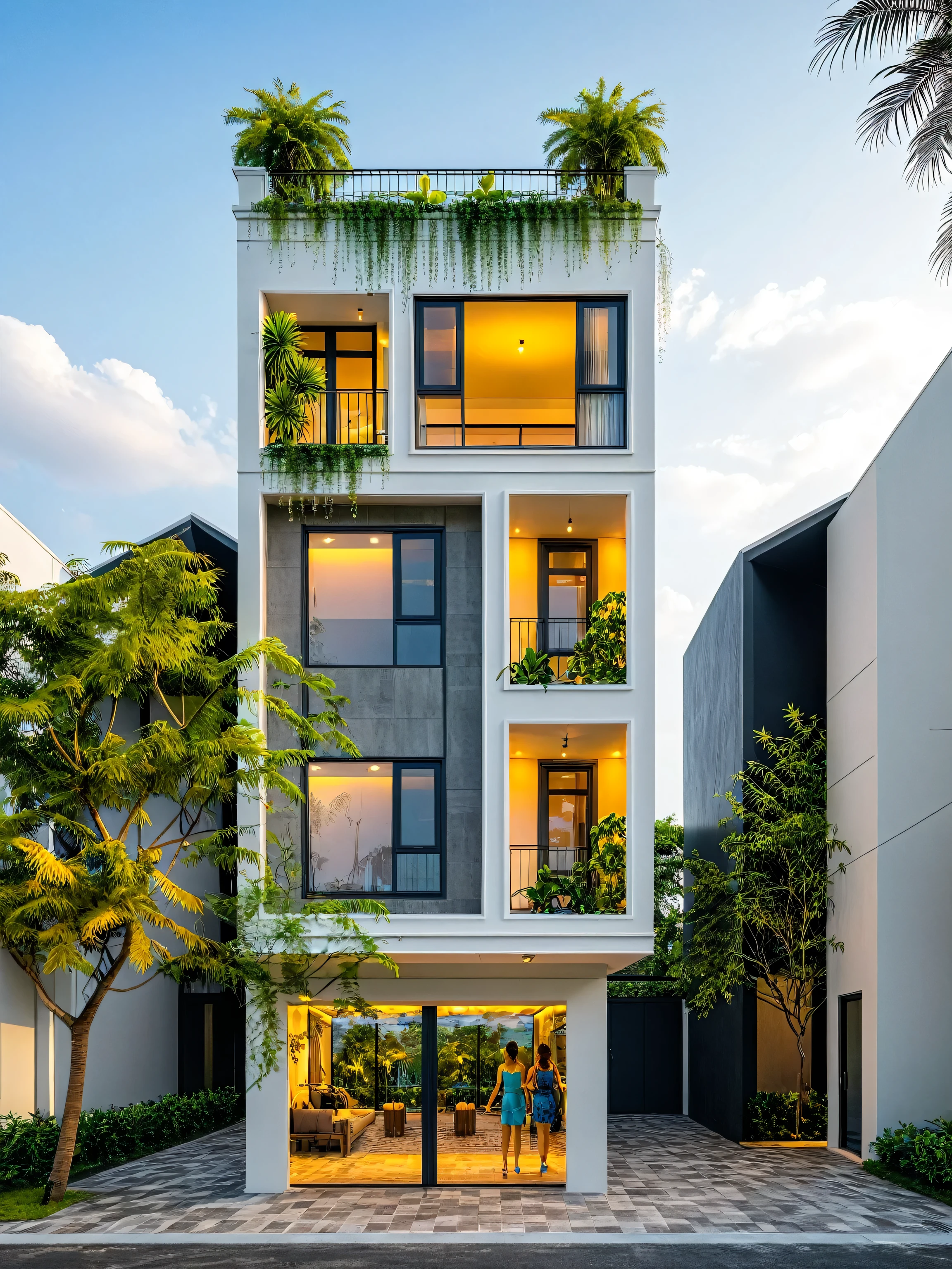 neo classical villa on street, tropical tree, vivid colour, streetcapes, black detail, white wall, large glass door, warm interior lighting, best quality,