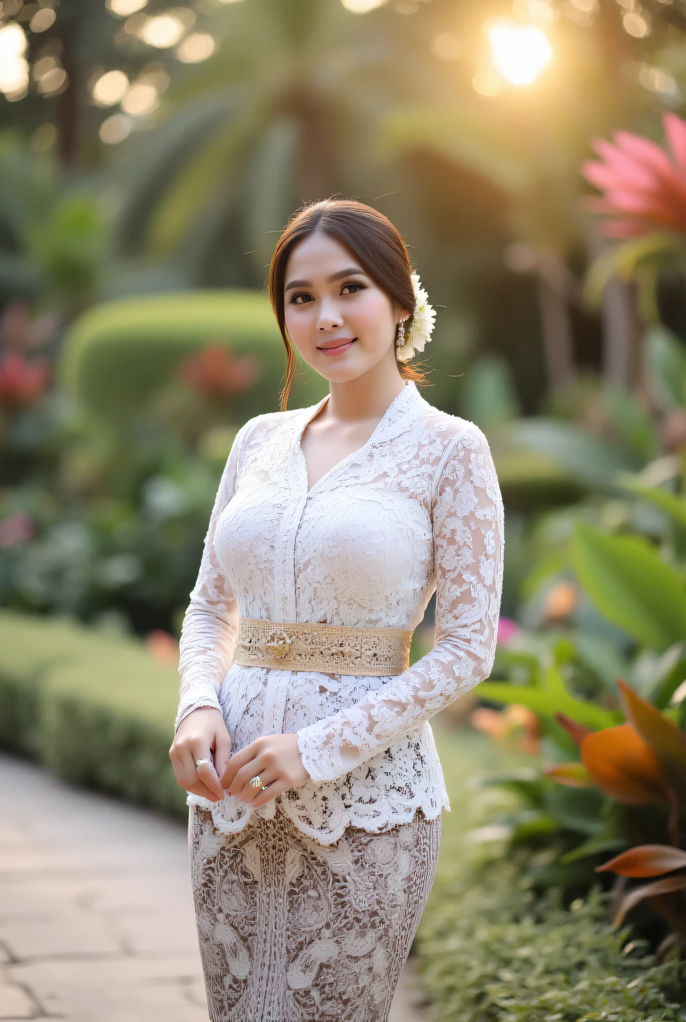 portrait of beautiful woman wearing modern kebaya in white with traditional floral embroidery details, standing gracefully in a beautiful tropical garden, kebaya fitted with delicate lace detail and sparkling sequins, classic patterned batik fabric as a subordinate, modern bun with jasmine flower decoration, garden background with tropical plants and colorful exotic flowers, elegant standing pose with hands touching kebaya, graceful and radiant expression, lighting golden morning light shining from side, rich textural detail of kebaya and batik, foreground bunga-bunga bokeh, garden pathway with natural stones and ornamental plants, depth of field medium, color grading warm dan romantic, ultra HD resolution 8K