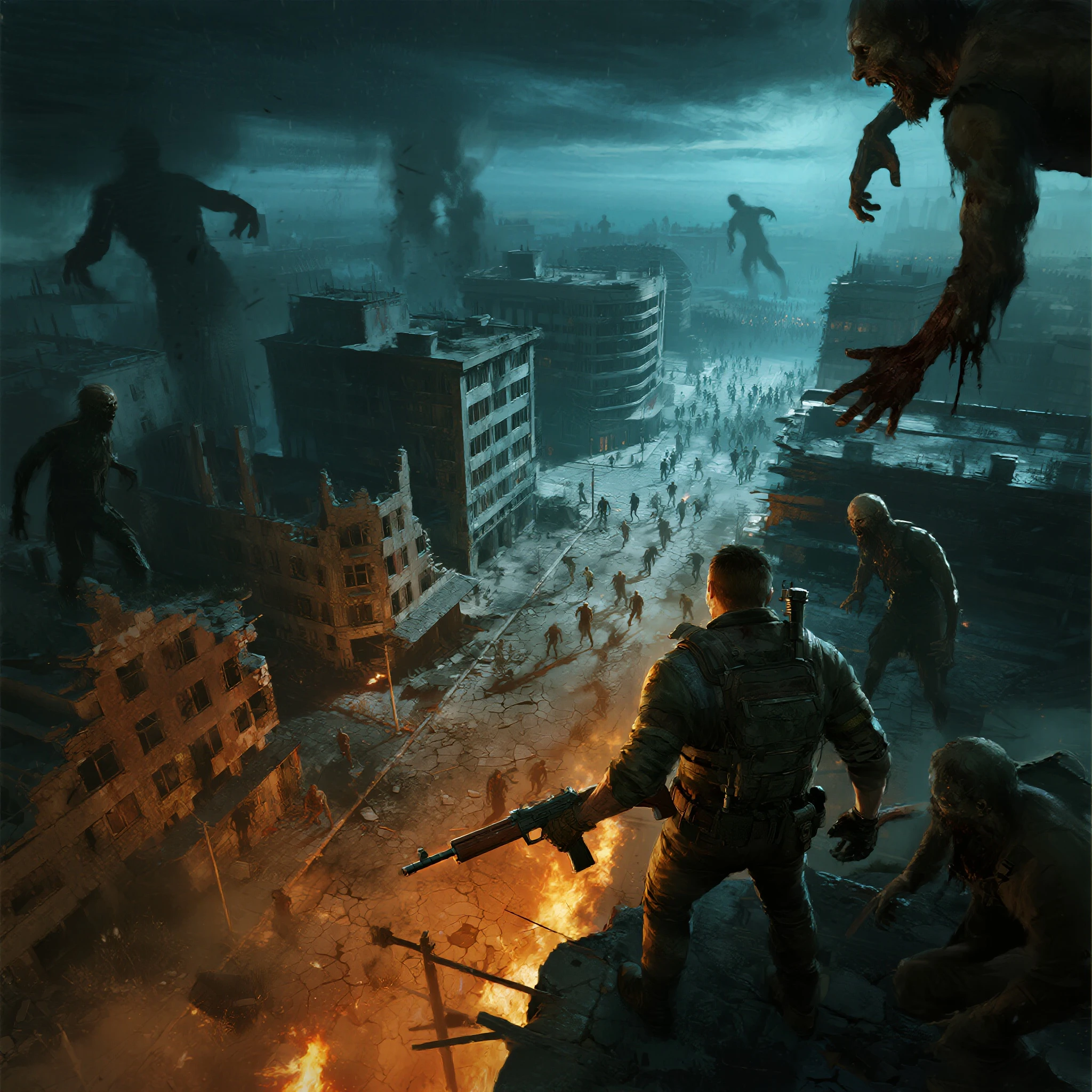 woman,spats,belly button,Tank top,slender,run away,Clothes are torn,Covered in scars,fear,Watery eye,Being chased by a large number of beautiful zombies,End of the World,Defects in the body,Expressway,traffic jam,Car accident,fire