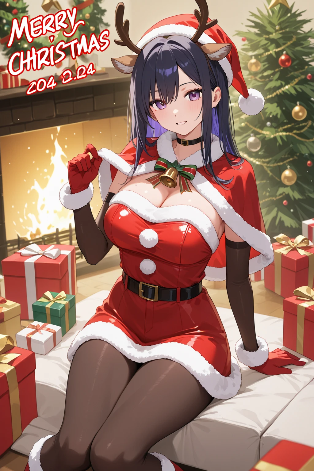 Ponyscores7, expressiveh, perfect face, perfect eyes, detailed face, detailed eyes, Ponyscores7, expressiveh, perfect face, perfect eyes, detailed face, detailed eyes, 1girl, solo, Sarashina Utako, short hair, bangs, large breasts, purple hair, brown eyes, wide hips, black eyelashes, snow on windows, indoor, happy, christmas tree, living room, sideview, bend forward, santa hat, anta coat, red pants, black santa boots, belt, big buckle, carrying huge gifts, gidts under tree, night, chimney, christmas, fur trim