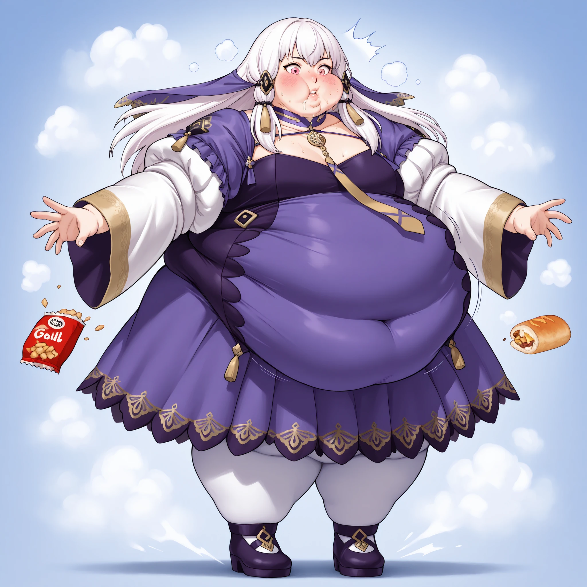 1girl, lytts, long hair, white hair, tassel hair ornament, purple veil, pink eyes, purple dress, purple collar, detached collar, yellow necktie, pendant choker, white sleeves, juliet sleeves, wide sleeves, white pantyhose, collarbone,, round face chubby cheeks   anime style,  fat, chubby, obese, ,, small eyes, ,  , full body shot,  , ,  sweating, bursting belly, wardrobe malfunction, hypnotized, drooling from mouth, looking for food, giant hands, giant feet, fat, chubby, obese, gigantic arms and legs, fat face, chubby face, double chins, big lips, swollen lips, sweating, sweat stains, steam clouds, grease stains, flustered, swollen face, Fat_neck , Fat head , eyes with crushed cheeks , nose with crushed cheeks , mouth with crushed cheeks , chin roll,