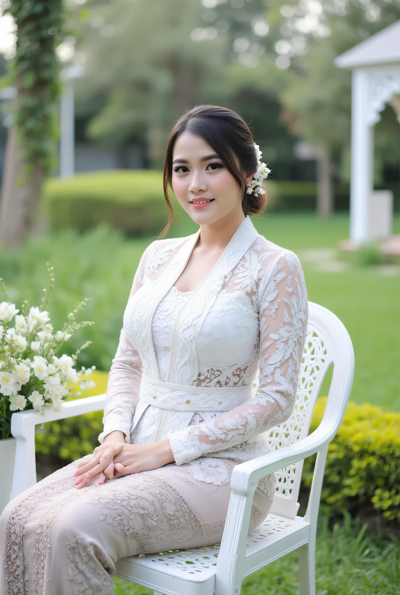 portrait of graceful woman wearing modern white kebaya with traditional floral embroidery detail, sit elegantly on a white vintage garden chair, kebaya fitted with delicate sparkling lace and sequin details, beautifully arranged classically patterned batik fabric covering The legs, modern bun with conde stitch and jasmine ornament, Lush garden background with blossoming flowers and vines, sideways sitting pose 3/4 with hands resting gracefully on the back of the chair, soft and charming expression, soft morning light shines from the side, textural detail of kebaya and batik is clearly visible, foreground bunga-bunga bokeh, white gazebo with vines in the distance, depth of field shallow to separate the subject from the background, color grading soft dan romantic, ultra HD resolution 8K