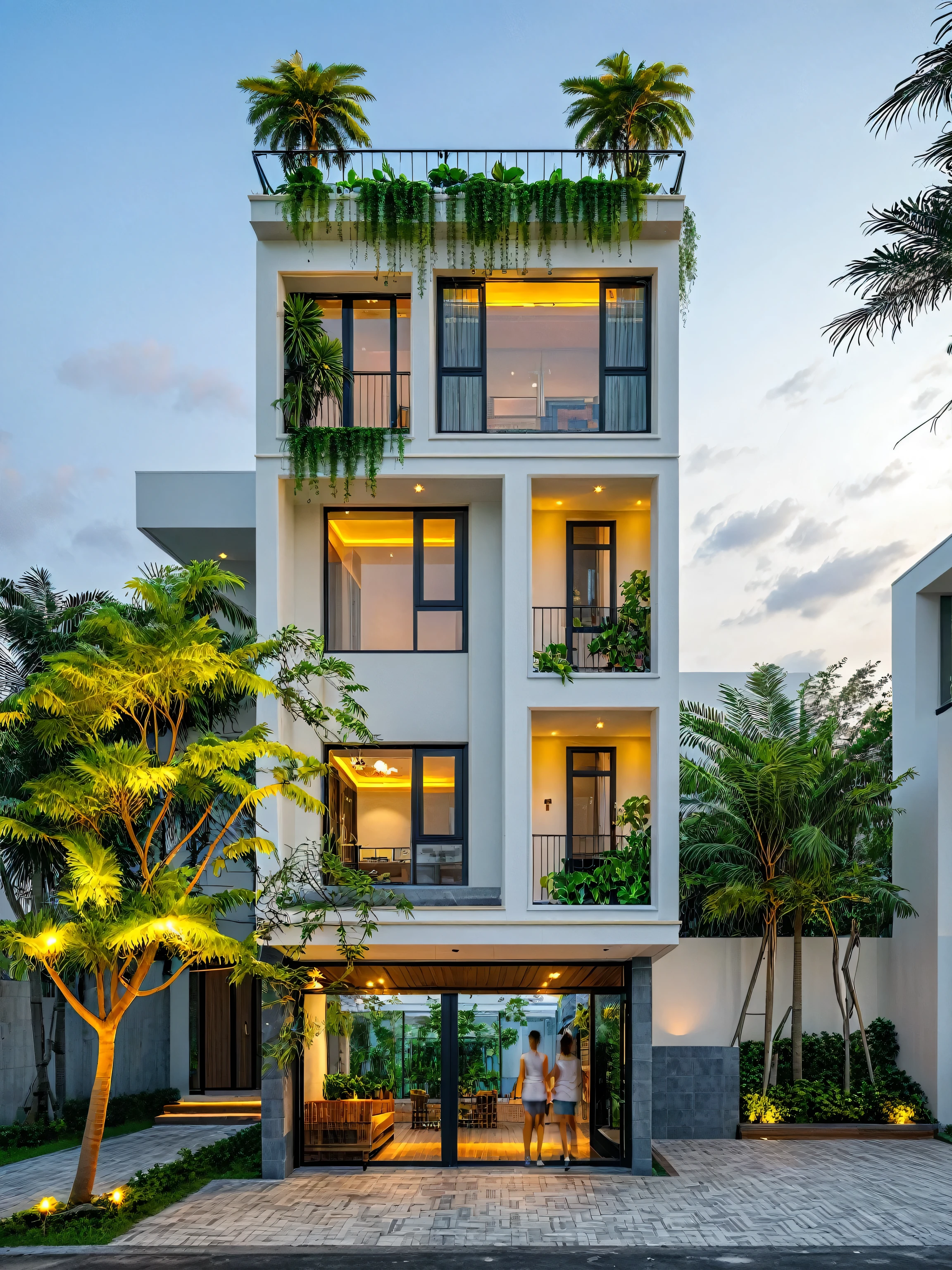neo classical villa on street, tropical tree, vivid colour, streetcapes, black detail, white wall, large glass door, warm interior lighting, best quality,