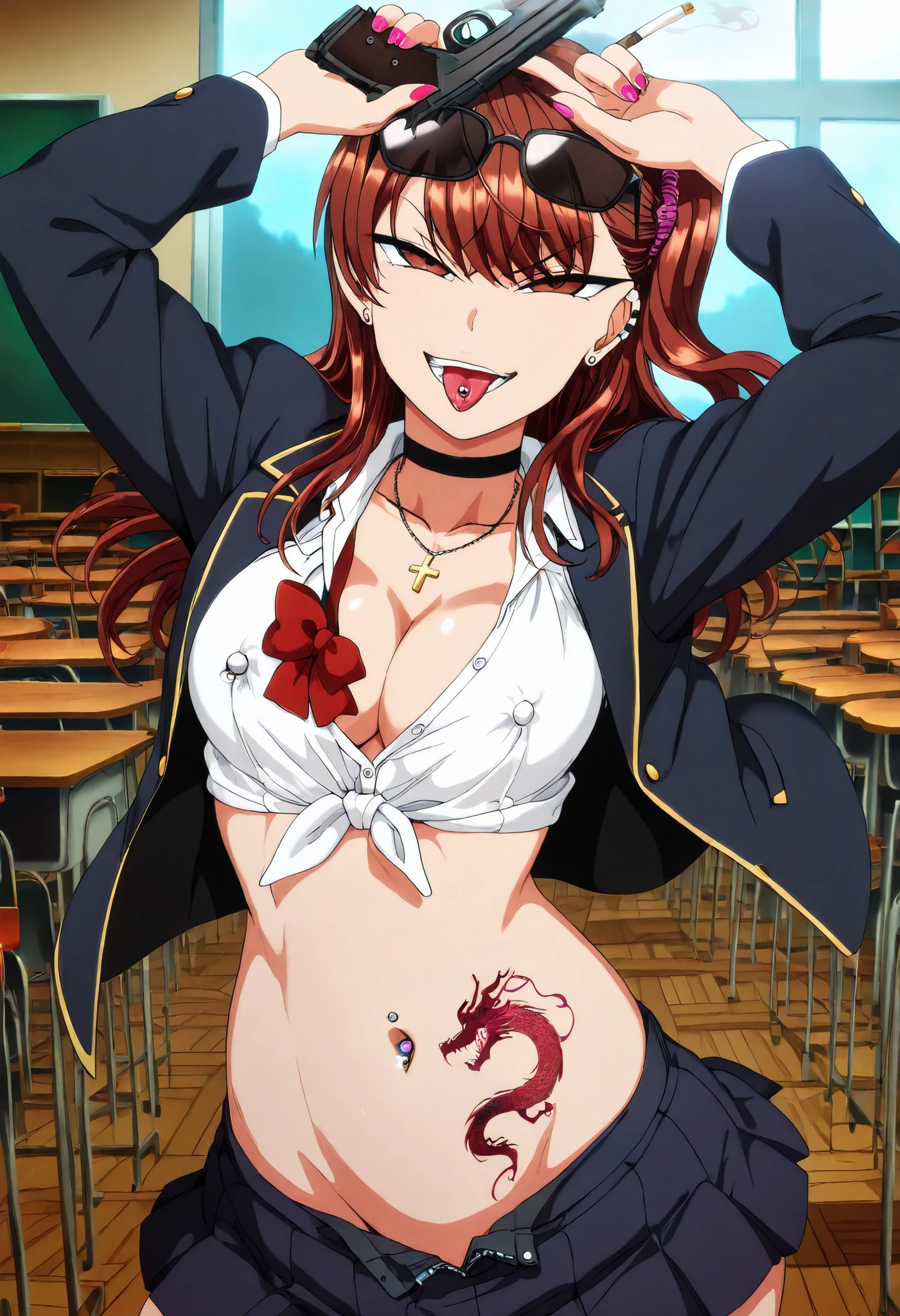 masterpiece,best quality,good quality,newest,
classroom,
grin,
looking at viewer,
solo,
IzumiNogami,1girl,brown hair,long hair,hair scrunchie,one -side -up,brown eyes,
,
red bowtie, open cardigan,
pleated_skirt, nail polish, ear piercing, long hair, , lipstick,Hot girl, baddie, smoking, sensual, attractive ,cross necklace, choker, jewelry, masterpiece, best quality, ((unbuttoned school uniform, cleavage, necklace, earrings, body,, )) ,open mouth, micro skirt, smiling, navel , exposed belly, exposed navel, () not safe for work,school, classroom , hold a gun,knot, tied shirt, holding pistol, tongue piercing , tongue out , piercing, navel piercing, arms up ,blazer,,sunglasses on head,, ,dragon tattoo on waist, narrowed eyes, tattoo on waist, anipai_style , anime screencap , anime coloring, v-shape eyebrows,