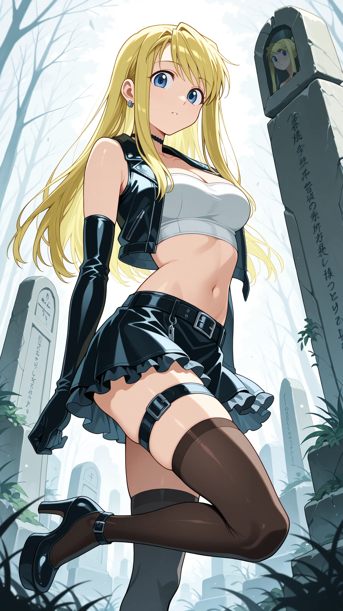 BREAK (masterpiece:1.2), best quality, high resolution, unity 8k wallpaper, (illustration:0.8),Ancient stone graveyard overgrown with weeds,
fog rolling through crooked tombstones,
leafless trees looming in the distance,
pale light filtering through clouds,
anime eerie background, high detail,winry rockbell, blue eyes, blonde hair,gloves, navel, cleavage,earrings,stomach,bare arms,strapless,tube top,white top,jewelry,frilled skirt,leather skirt,dress, bare shoulders,belt, miniskirt, black skirt,thigh strap,black belt,blue leather jacket,open jacket,black lace choker,earrings,black thighhighs,black gloves, elbow gloves,looking at viewer,cowboy shot,wide-angel,seductive expression,floatitng hair,from behind,back photo,arched back,from below,luxury platform heels,leg up