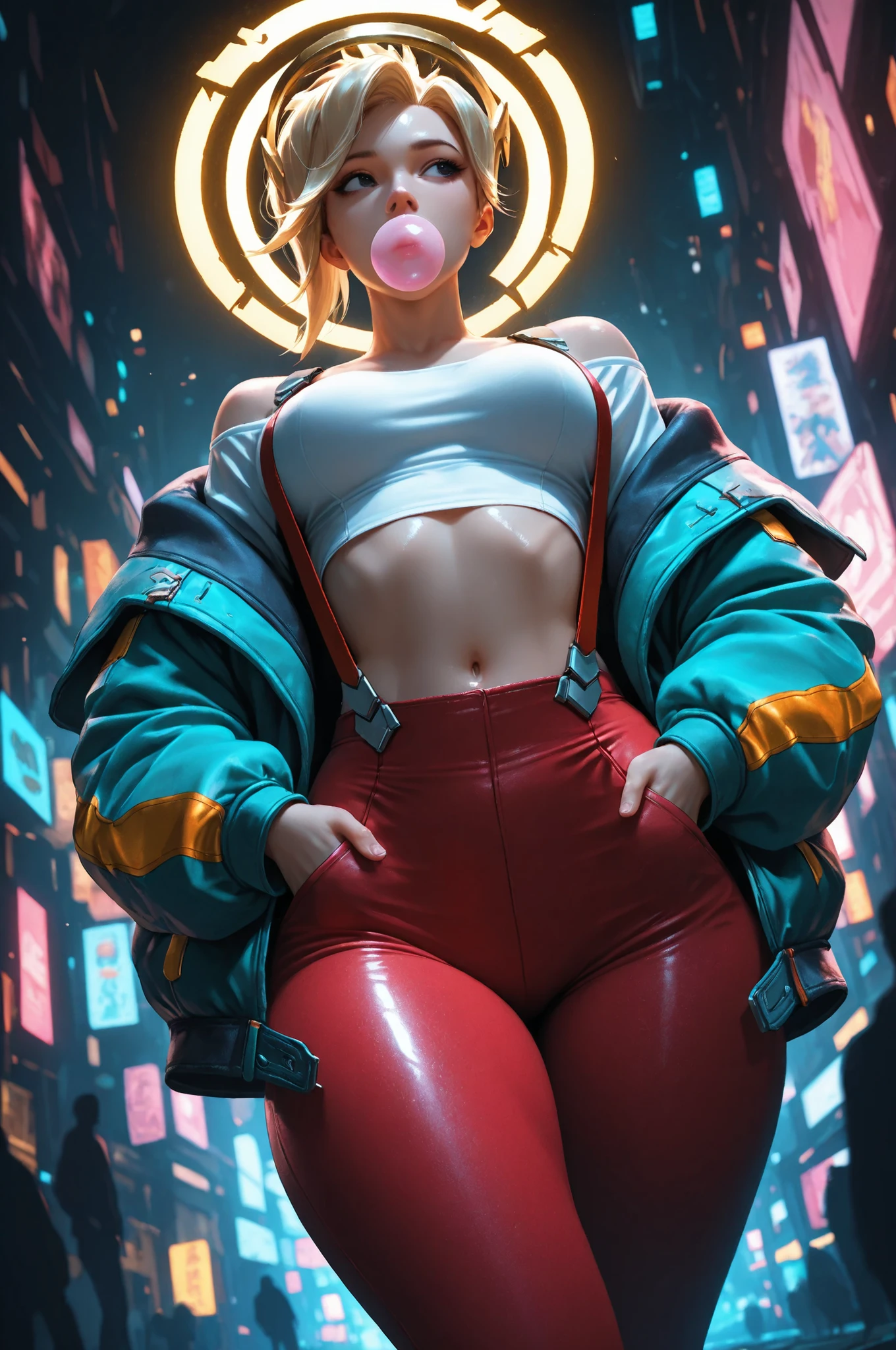 masterpiece, best quality, vibrant, very aesthetic, high contrast, semrealistic, newest,
scenery, neon rim light, dark, Mercy from Overwatch, halo headdress, medium perky breasts, wide hips, huge butt, thick thighs, white and red leggings, crop top white shirt, (neon suspenders:1.2), teal open jacket, off-shoulder, , sidelocks over shoulder,cowboy shot,from below, dutch angle, shiny dark eyes,looking away, hands in jacket pockets, chewing gum, face focus, fine fabric emphasis, dynamic walking pose, twisty pose, head tilt, navel, wide shot, shiny skin, cyberpunk, BREAK, eyes, detailed eyes, masterpiece, best quality, amazing quality, very aesthetic, high resolution, ultra-detailed, absurdres, newest, scenery, depth of field, volumetric lighting
