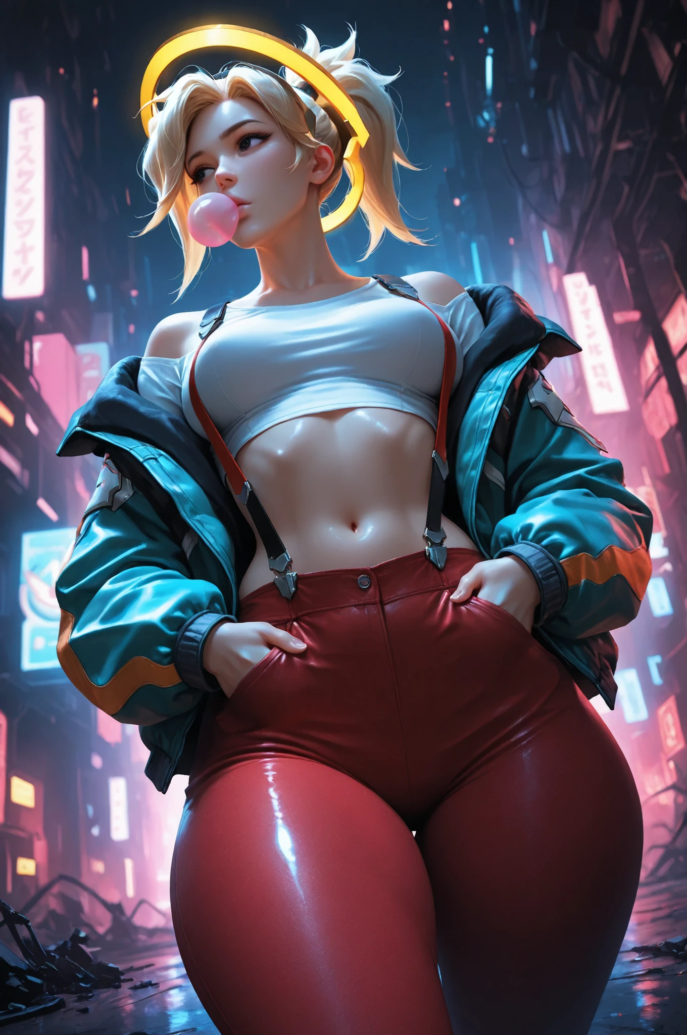 masterpiece, best quality, vibrant, very aesthetic, high contrast, semrealistic, newest,
scenery, neon rim light, dark, Mercy from Overwatch, halo headdress, medium perky breasts, wide hips, huge butt, thick thighs, white and red leggings, crop top white shirt, (neon suspenders:1.2), teal open jacket, off-shoulder, , sidelocks over shoulder,cowboy shot,from below, dutch angle, shiny dark eyes,looking away, hands in jacket pockets, chewing gum, face focus, fine fabric emphasis, dynamic walking pose, twisty pose, head tilt, navel, wide shot, shiny skin, cyberpunk, BREAK, eyes, detailed eyes, masterpiece, best quality, amazing quality, very aesthetic, high resolution, ultra-detailed, absurdres, newest, scenery, depth of field, volumetric lighting