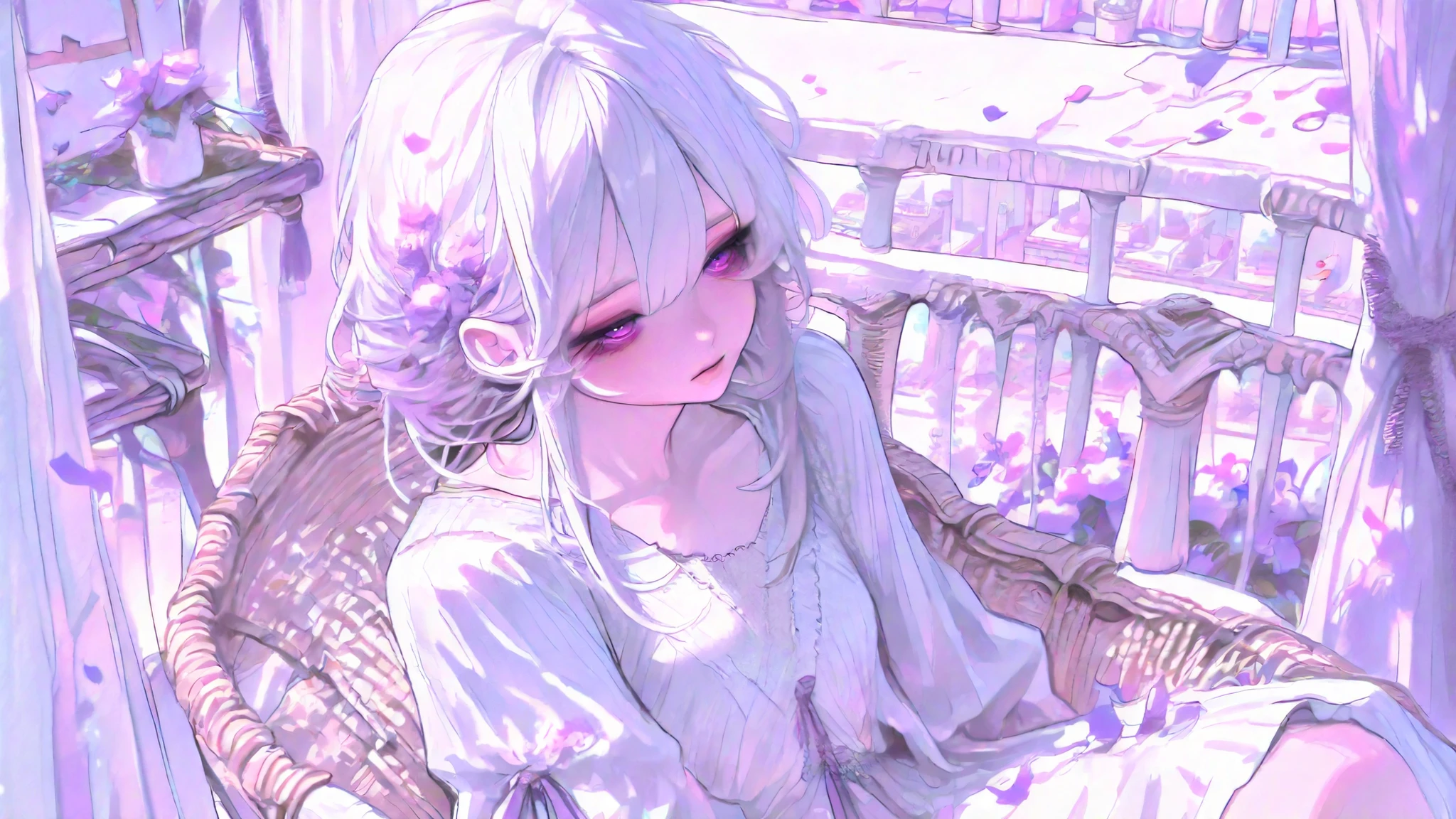 A woman with long white hair and beautiful purple eyes, She was wearing a linen dress, sitting on a wicker chair on the balcony, confetti falls around, curtains,falling confetti, flowers, sunlight in her hair,Mediterranean city background, flowers on the balcony, petals falling around