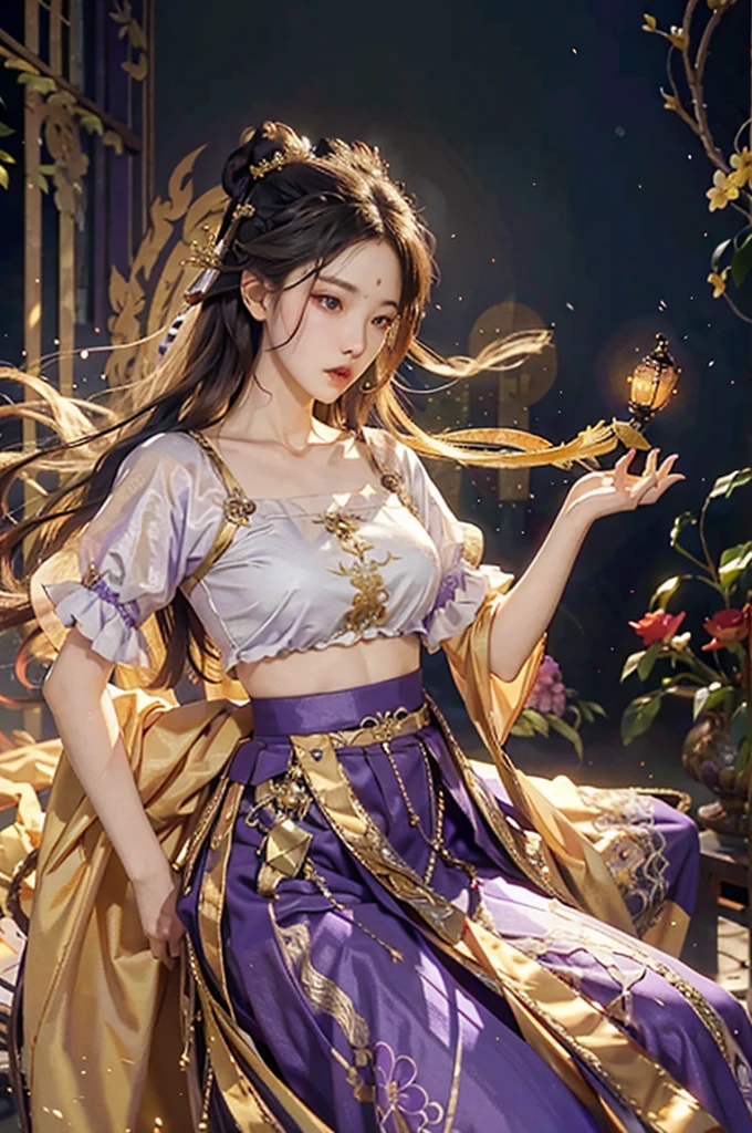 (8k, RAW photo, best quality, masterpiece:1.2), (realistic, photo-realistic:1.4), (extremely detailed CG unity 8k wallpaper), (1 girl:1.5), Western beauty, (Red clothes: 1.4), red spots on forehead, pale skin, blush, big eyes, full body, thighs, open navel, gold waist chain, gold jewelry, flying ribbons, particles, background is Loulan ancient city, ancient city wall, desert, dance, dunhuang_dress, dunhuang_style,