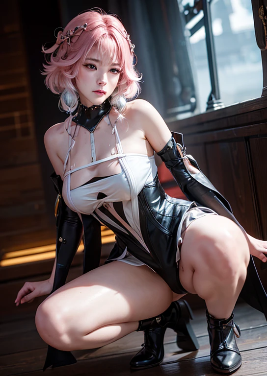 1girl,solo,medium breasts,outdoors,<lora:GoodHands-beta2:1>,<lora:0173 Concept U 1_v1:0.9>,(spread legs:1.1),ruanyi0173,fishnet pantyhose,fake animal ears,fur trim,asymmetrical legwear,o-ring,pink leotard,rabbit tail,sitting,frills,, best quality,masterpiece,highres,official art,extremely detailed cg unity 8k wallpaper