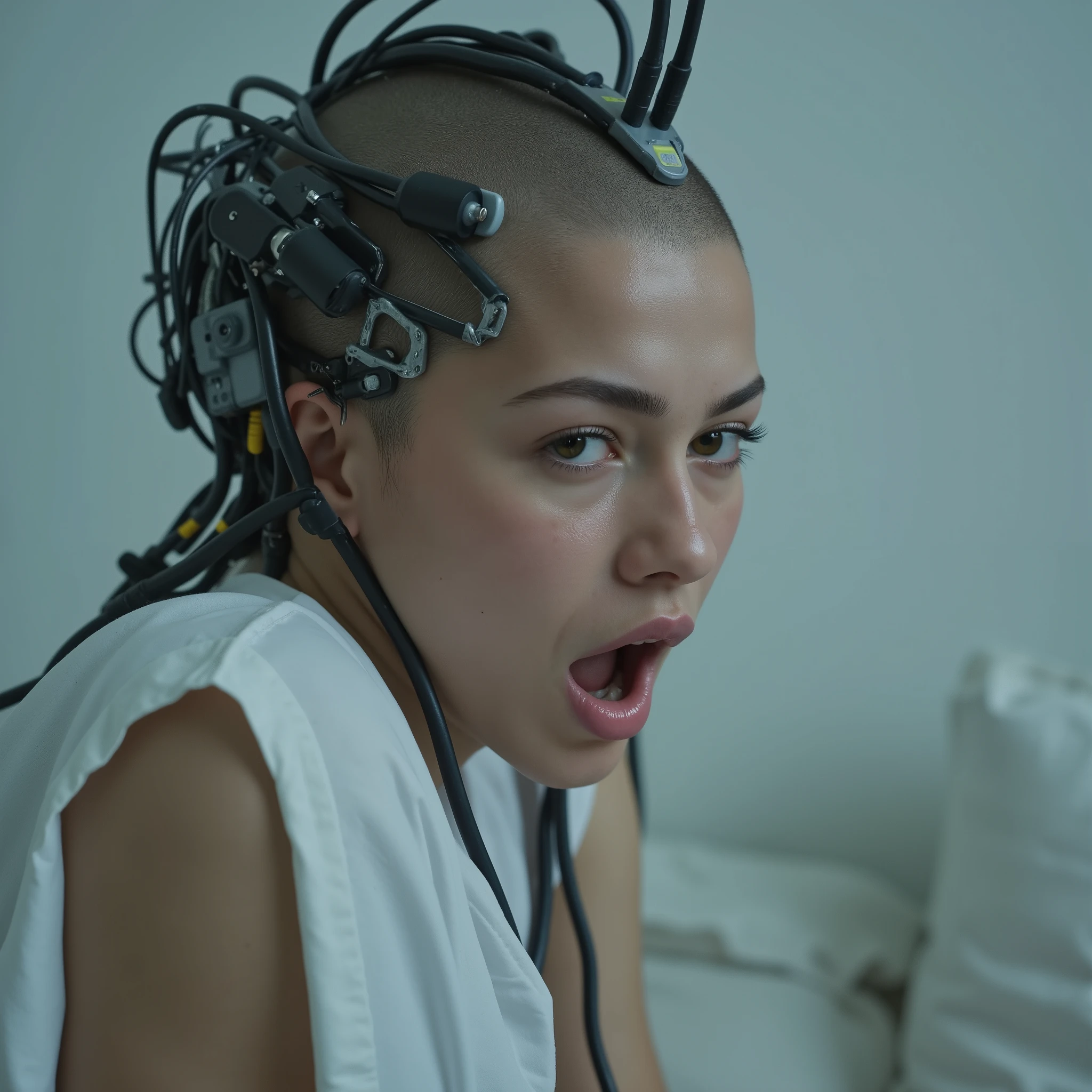ultra sharp cyberhorror photo, photorealistic complete view of young natural ((((fullbreasted)))) cyberdrone ((Zendaya)), unmade face, pale uncoloured lips, ((((sinister brainimplant with cyberinterface on side of shaved head with plugs for electric cables coming out of head, some scars, half robotic head, many big cables, uncovered ears)))), EEG-headband with many electrodes over brows on forehead, large electric leads, ((((looking fainting into camera)))), bending, fainting in electroexperiment, realistic very near maximumsharped face in soft shadow longing lips, ((((wide open mouth screaming orgasm, fainting, losing conciousness)))) crosseyed, tight waist, ((((((giant boobs, enormous big breasts, huge tits)))))), (lying in bed in whitewalled bedroom, white morninglight from side), halfclosed eyes, (((orgasmic face))), ((looking into camera in overwhelming love while exhausted from intense stimulation)), ((((hyper detailed)))), (ultra sharp focus), 8k, uhd, ((realistic)), hdr colours low saturation, ultra realistic natural colours