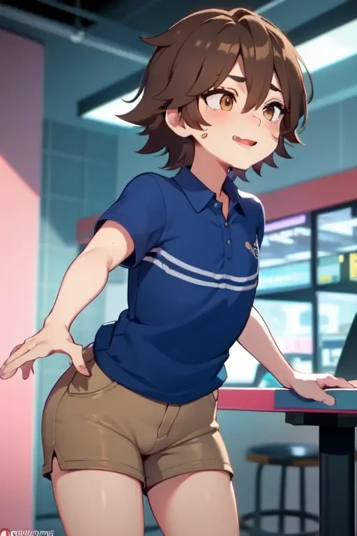 FNaFGregory,short shorts,croptop,1 , Adorable Detailed Face, FNAF Gregory, inside a detailed arcade pizzeria, (excited blush, smile lip gloss, detailed Band-Aid on the cheek of the face), (chin length brown hair, beautiful brown eyes), (Blue polo shirt with two horizontal stripes, tan cargo shorts), chiaroscuro, bright colors, big thighs, tongue out, open mouth, big ass, provocative pose, semen, flat chest, ugly adult men around, drooling, torn shirt,anal sex in folded form
