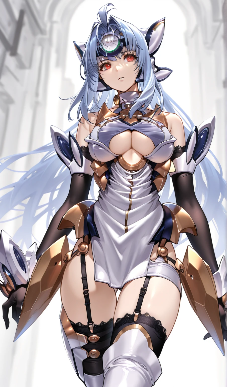 <lora:KOS-MOS:0.9>kos-mos,mastepiece,(ultra-detailed),best quality,1girl,red eyes,(expressionless),cleavage,sagging breasts,perfect lighting,elbow_gloves, faulds, garter_straps,(shiny skin),sparkle,