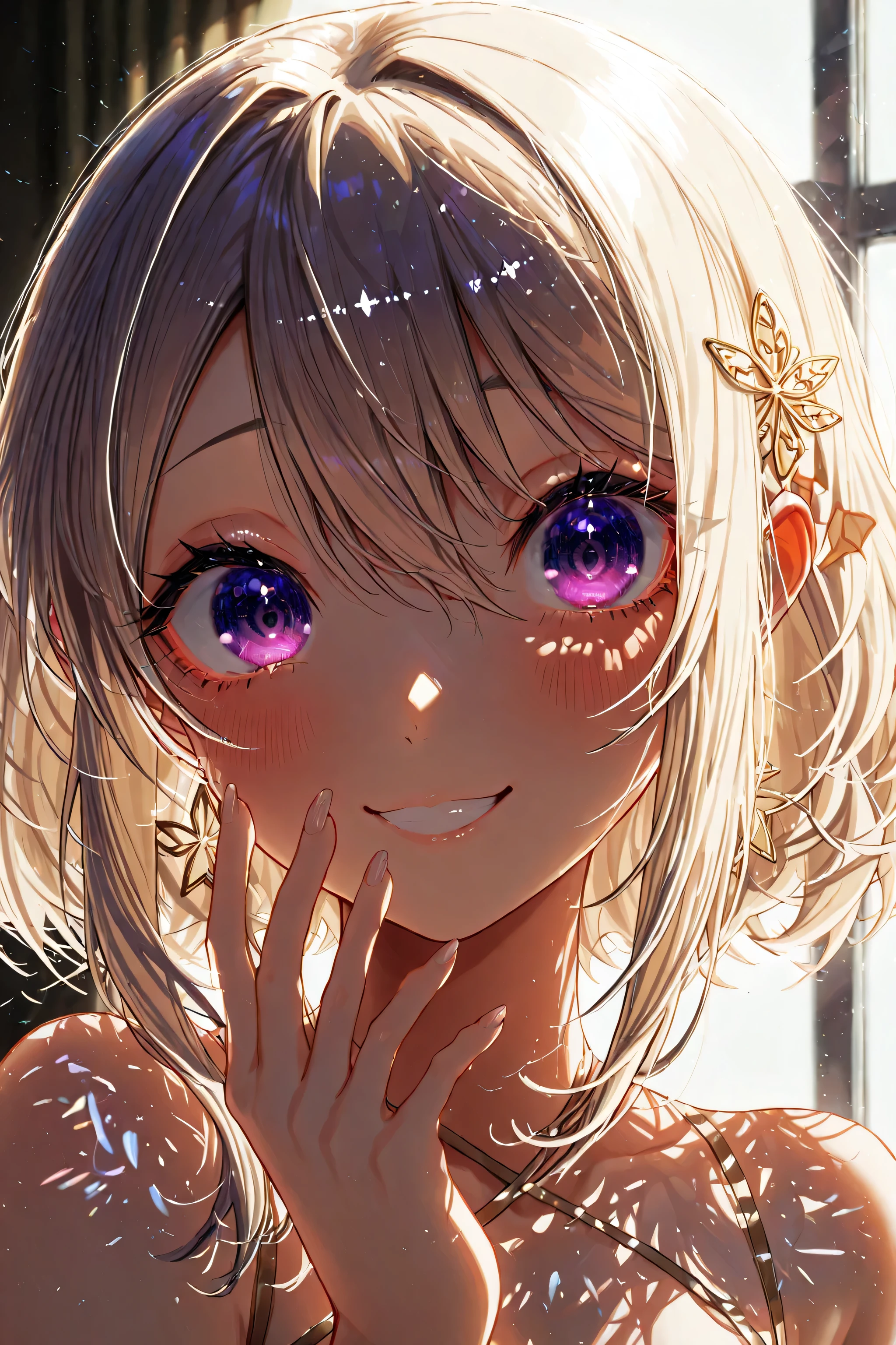 She wears a soft, gentle smile—one that barely lifts the corners of her lips, yet carries a quiet warmth. Her eyes, though focused, soften with a subtle light, as if holding back laughter or a memory only she knows. It’s the kind of smile that doesn’t demand attention, but invites it, like sunlight filtering through a classroom window on a quiet afternoon.