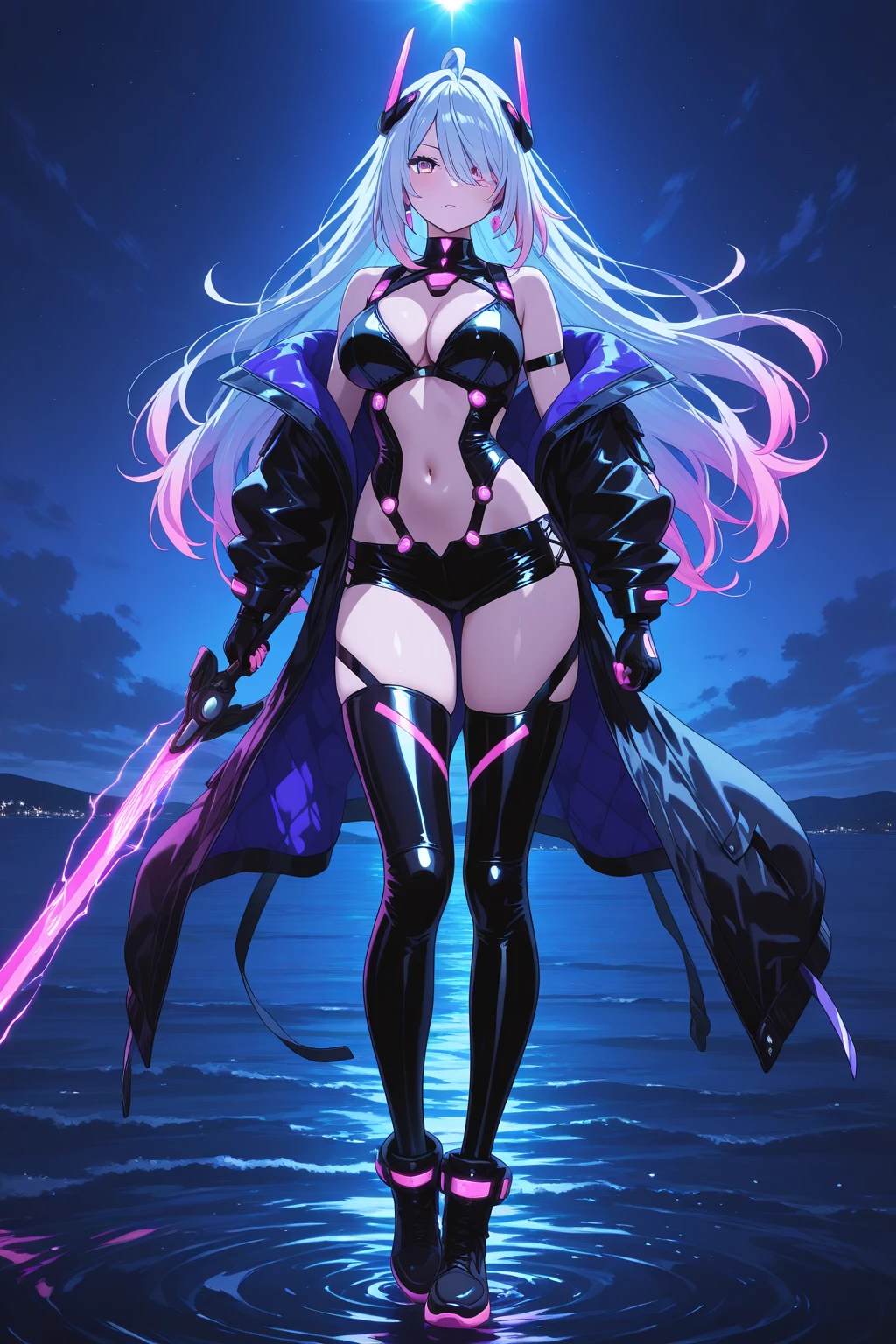 girl, cat ears, silver hair, long hair, floating hair, purple eyes, purple bodysuit, purple headgear, purple knee boots, large breasts, thighs, cleavage, stomach cutout, navel, holding sword, science fiction, buildings