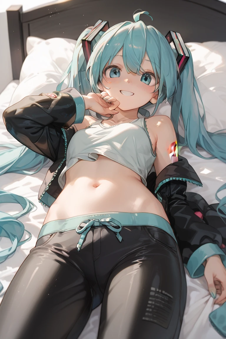 catgirl, teal-green hair, teal eyes, , cute, midriff, tummy, oversized t shirt, lace and , ponytail, laying on back