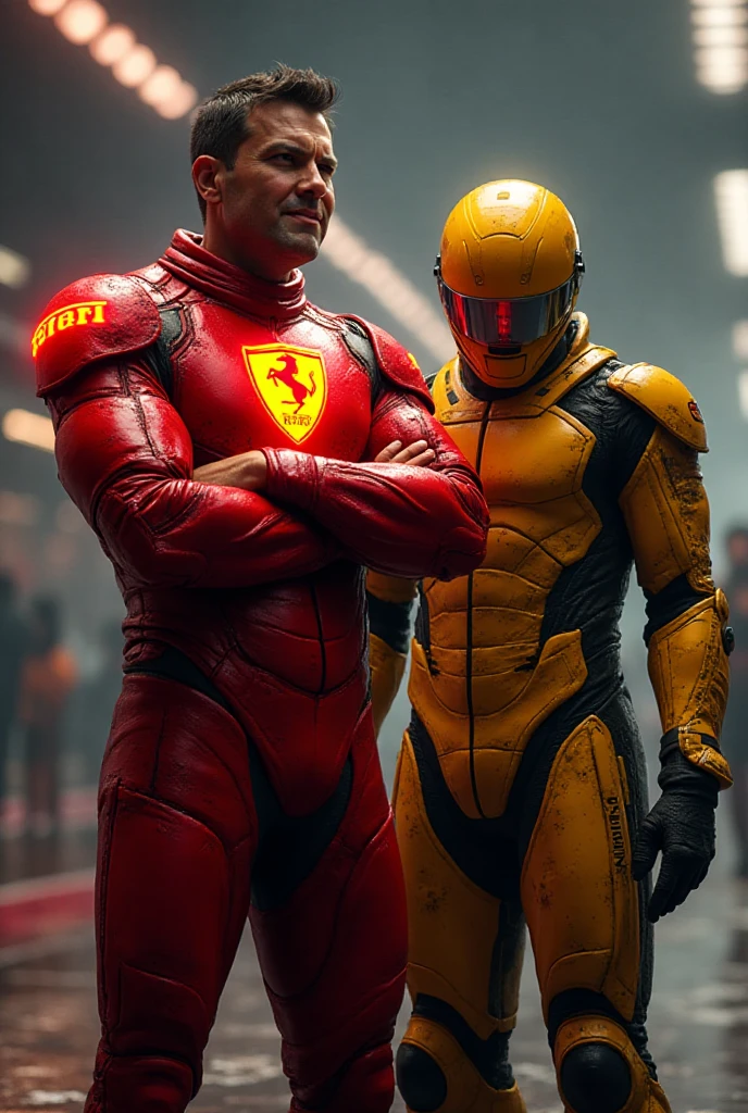 Black Panther as a racing car driver next to his car with a driver costume and helmet in hand and near to his son as a racing car driver next to his car with a driver costume and helmet.