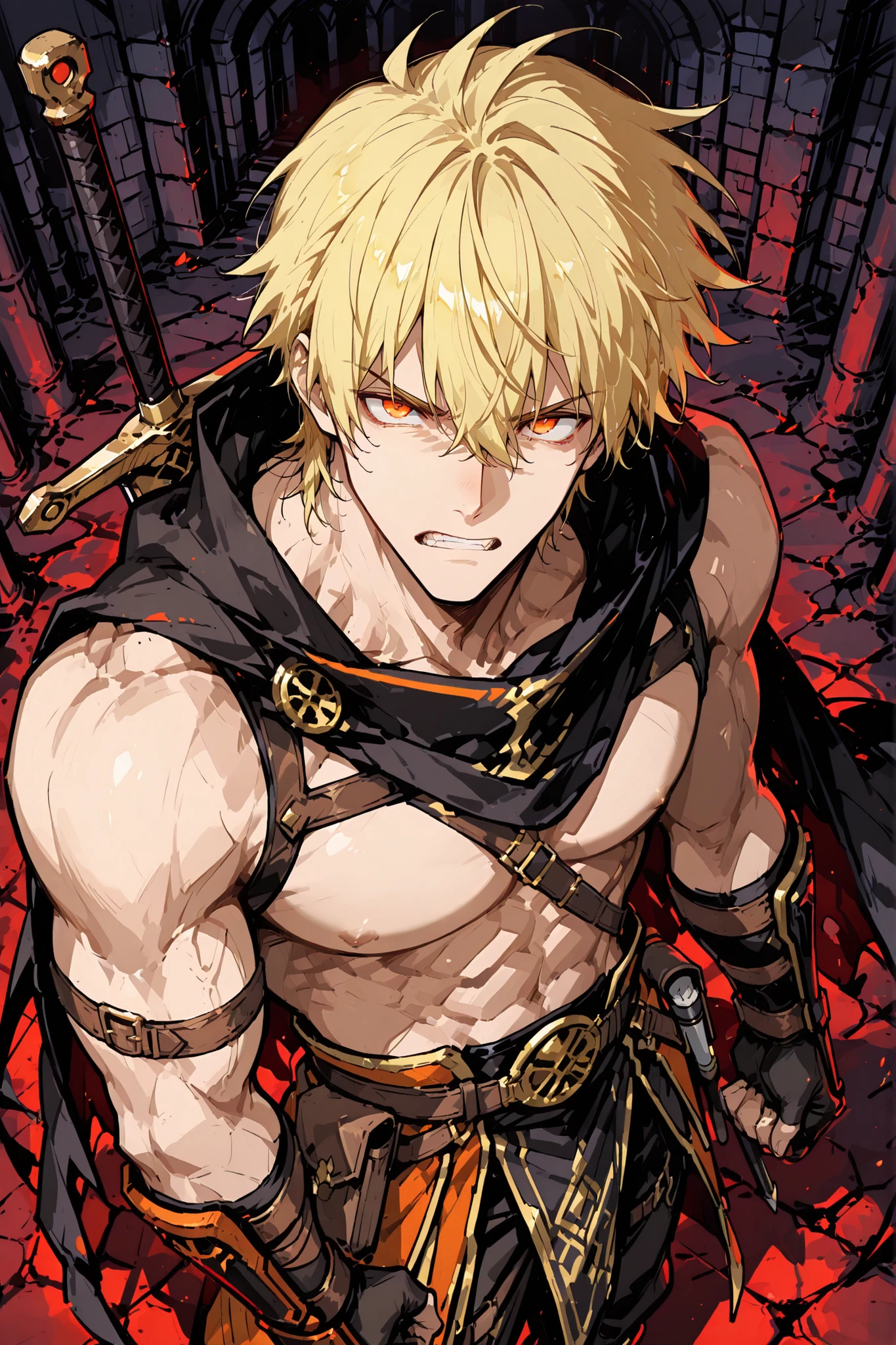 high quality, masterpiece, best quality, detailed, 2D anime style, handsome young man, 24 years old, spiky short shiny blond hair, orange eyes, heroic adventurer, brave, cocky expression, looking up with anger, mouth closed tightly with teeth clenched, gripping a sword tightly with both hands, well-proportioned and athletic body (not overly muscular), dynamic angle (viewer looks down from above), dramatic perspective, passionate and intense atmosphere, slightly sensual aura, background: inside the demon lord’s castle, detailed fantasy architecture, dramatic lighting