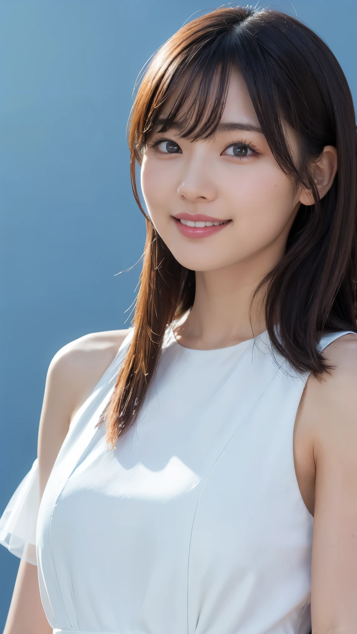 A woman with long hair and a white top posing for a picture - SeaArt AI